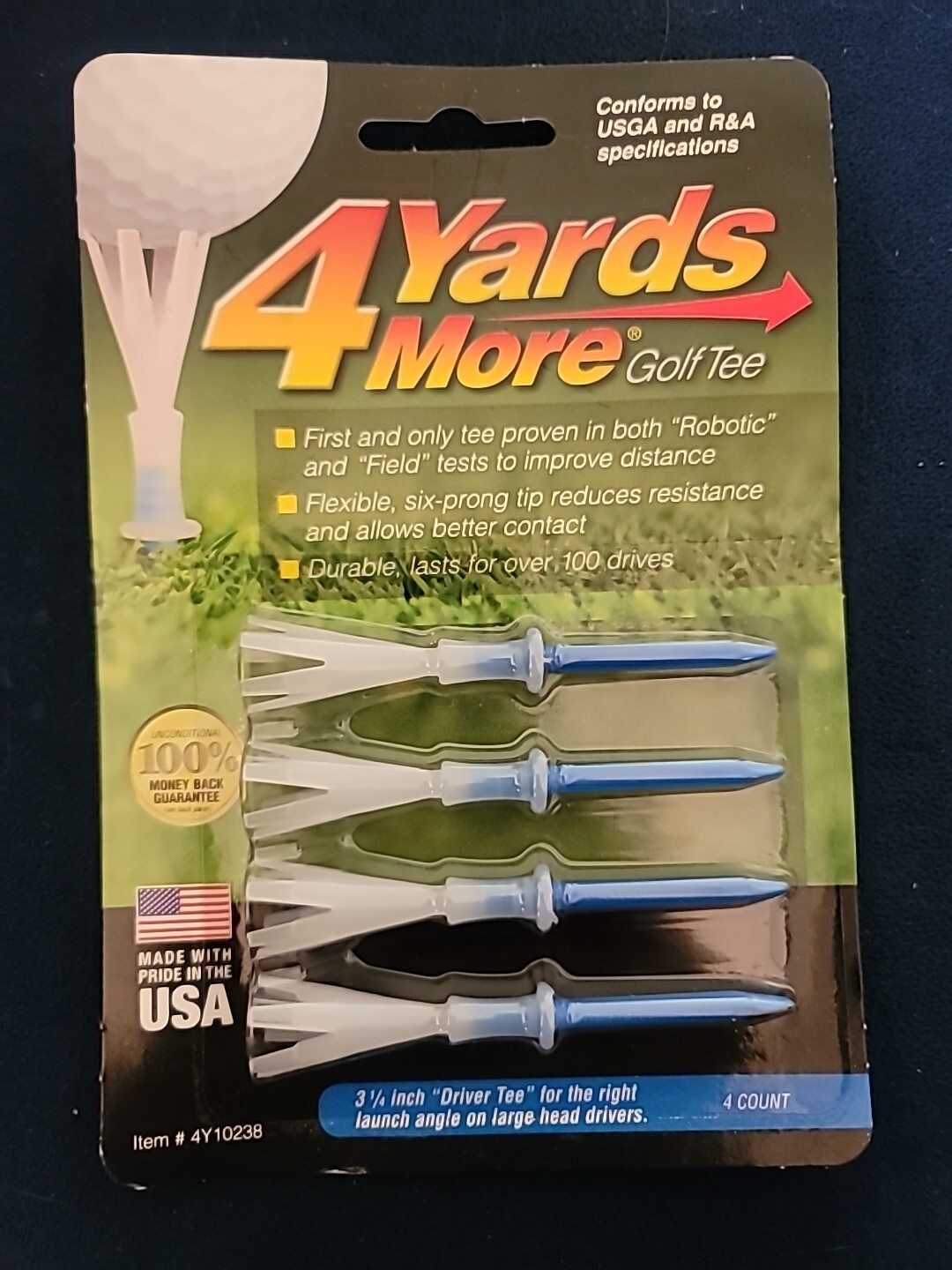 4 More Yards Golf Tees (4pk, 3 1/4" Blue) GreenKeepers NEW