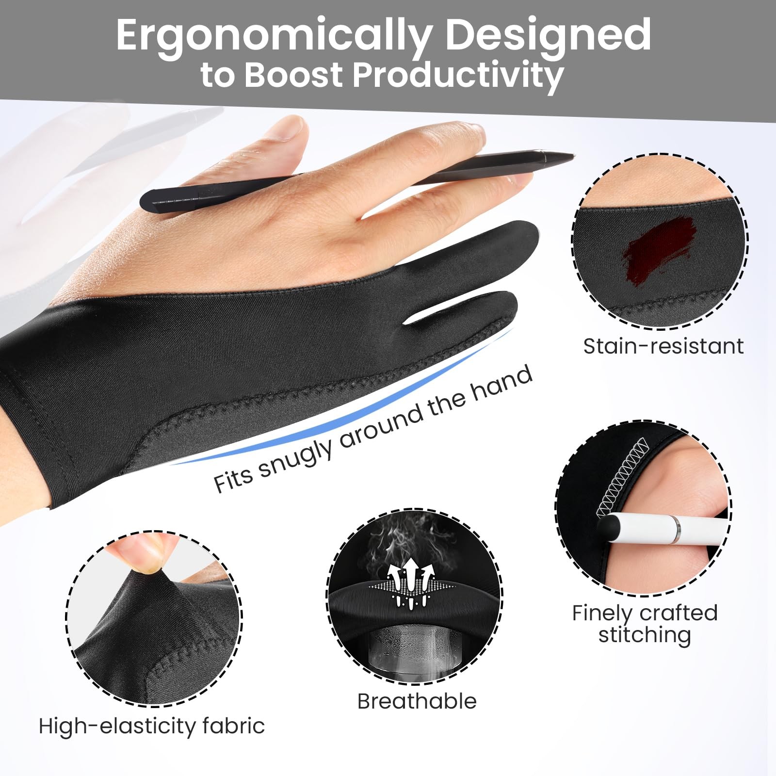 Digital Drawing Glove: 3-Layer Palm Rejection, Medium, Midnight Ink(2 Pack)