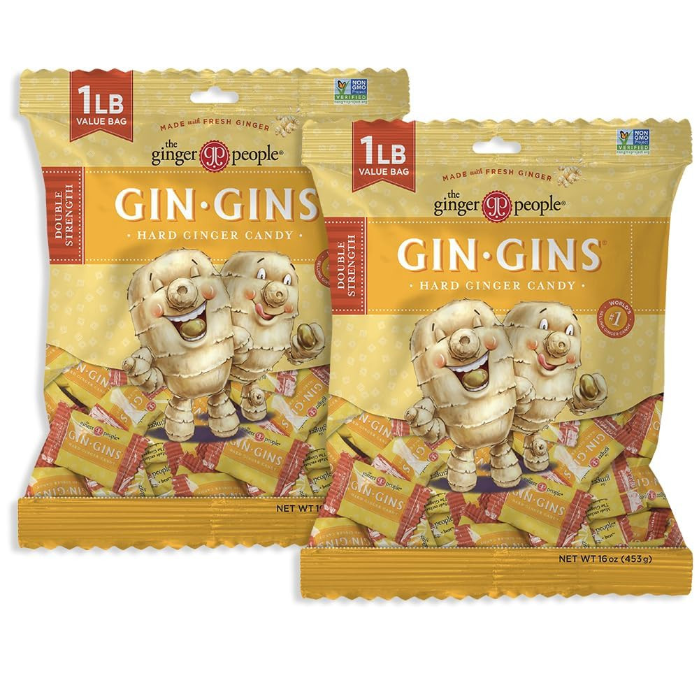Gin Gins Double Strength Ginger Hard Candy, Natural Ginger, 1 Lb Bag, 2 Pack