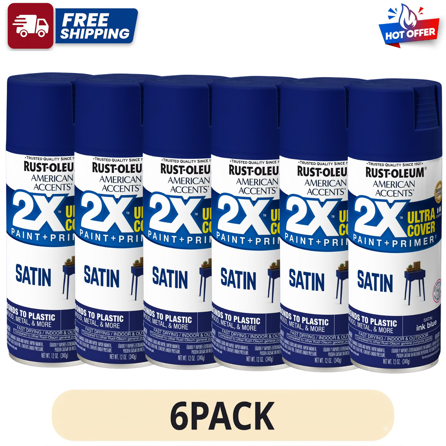 6 Pack Rust-Oleum 2X Ultra Cover Satin Spray Paint Ink Blue 12 oz Can