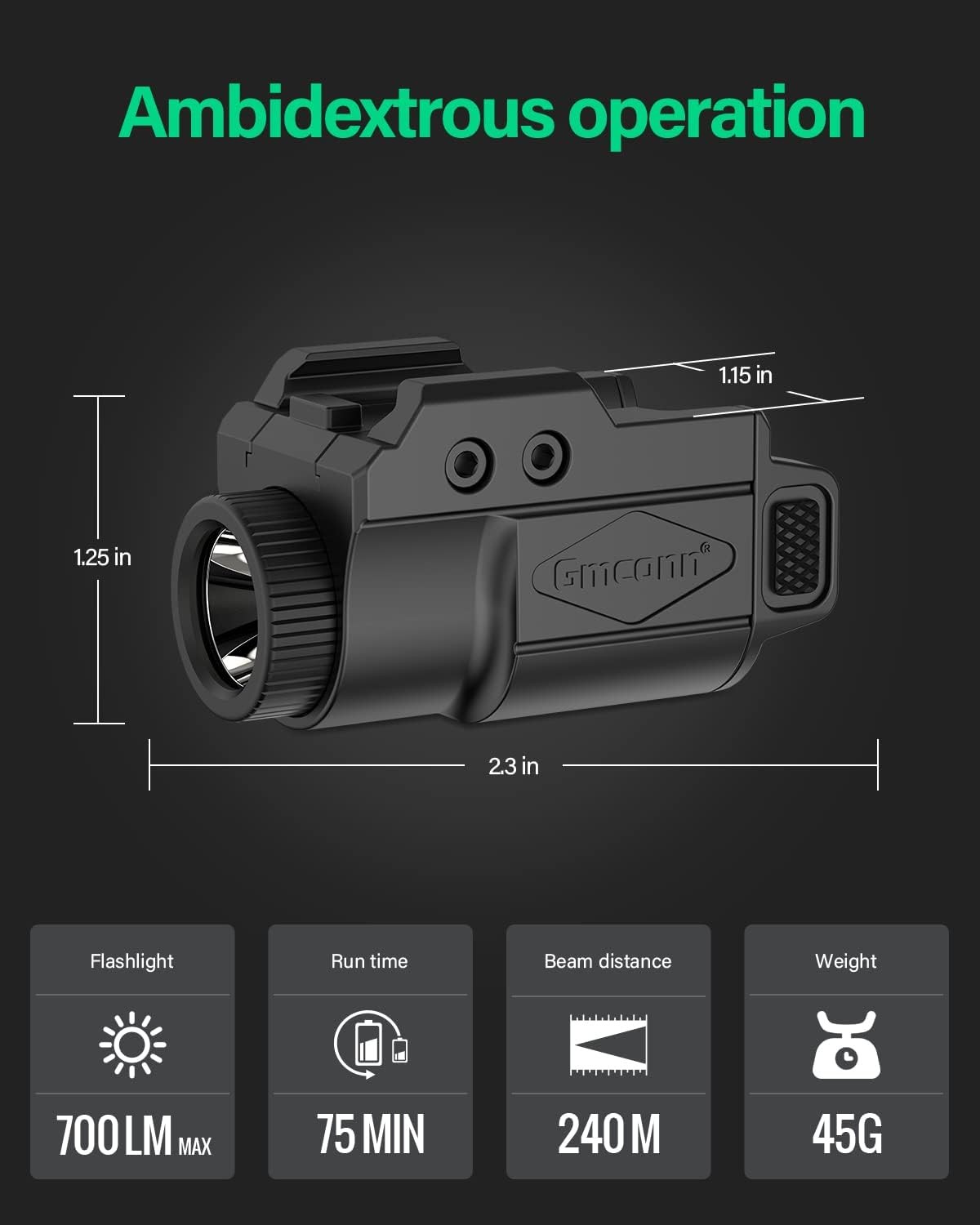 Gmconn 700 Lumen Pistol Light, Compact Adjustable Rail Mounted Flashlight Mini W