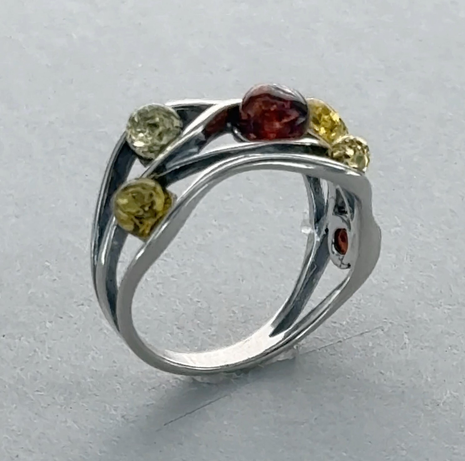 Round Multi-Color BALTIC AMBER Rectangle Ring - 925 STERLING SILVER Poland #87e
