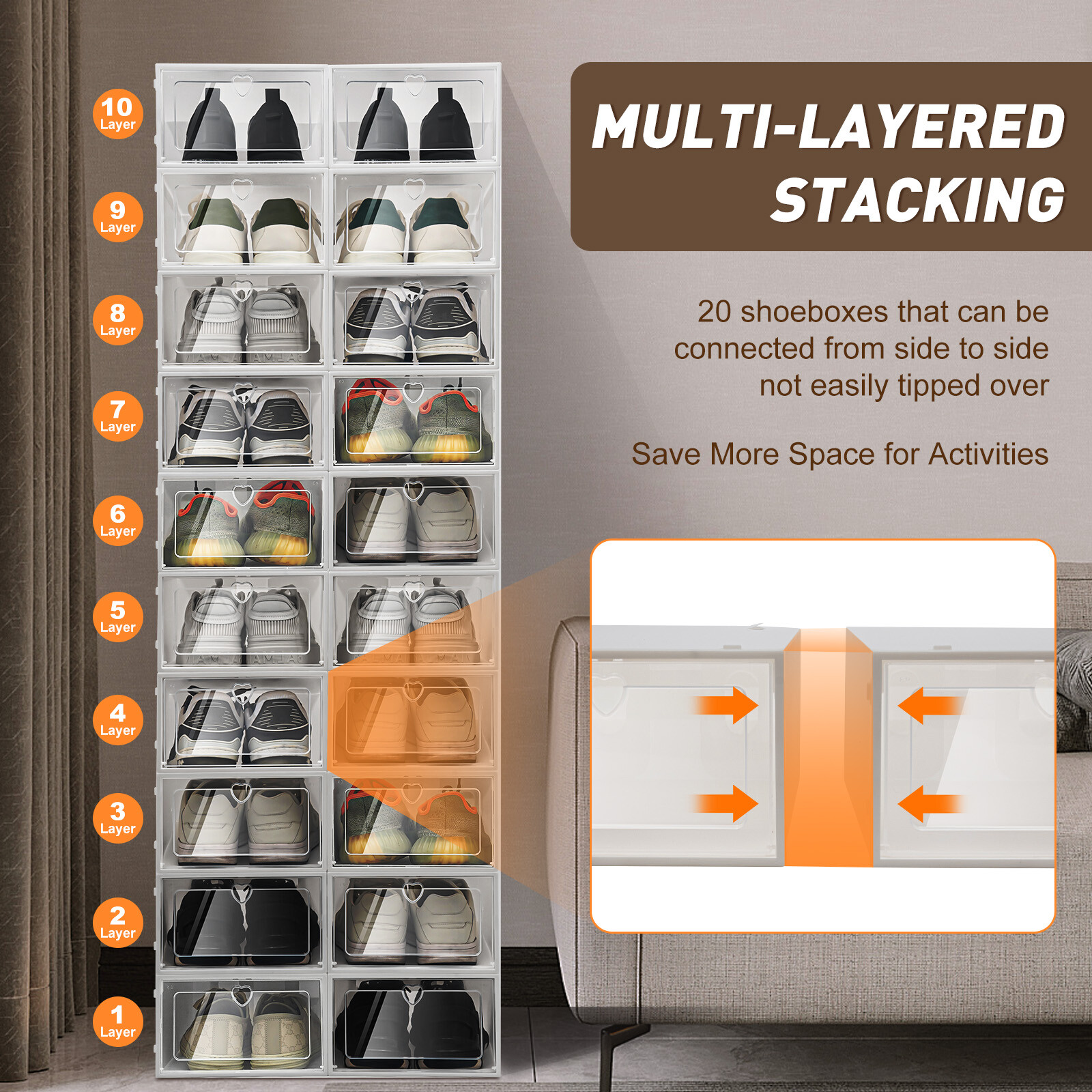 20 Pack Shoe Boxes Plastic Shoe Organizer for Closet Stackable Shoe Containers