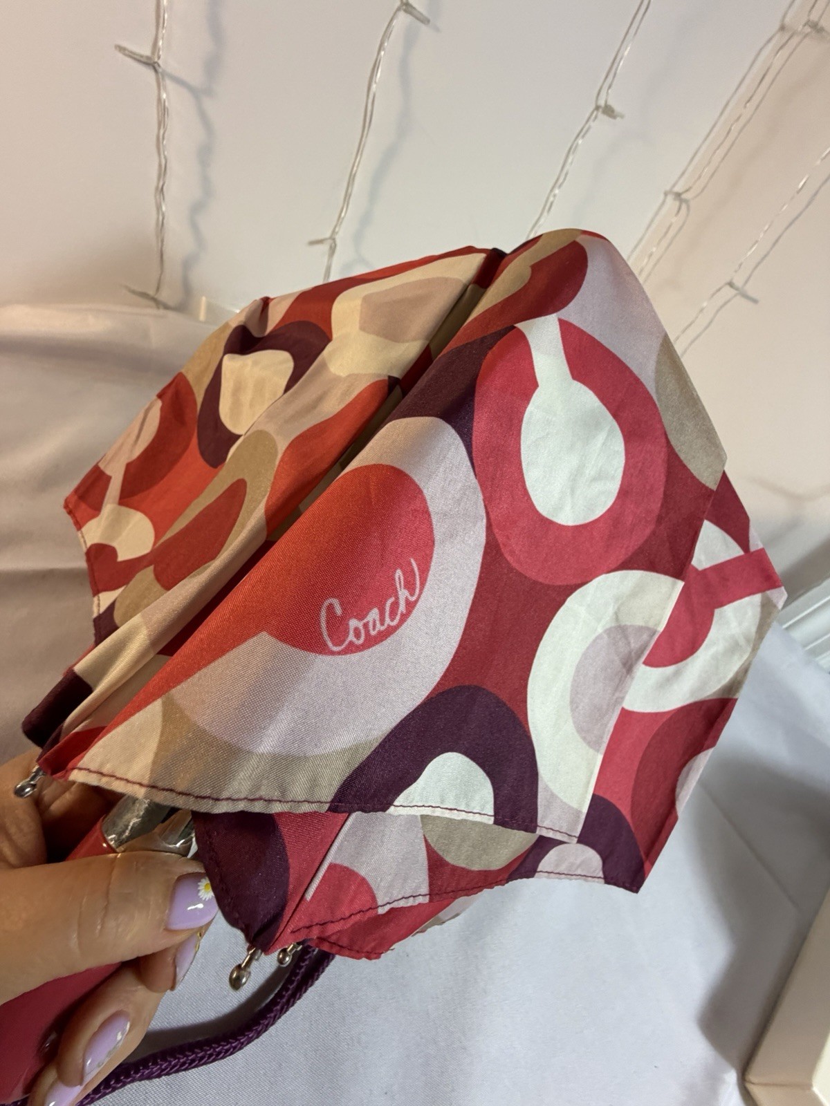 Coach Logo Compact Folding Umbrella Auto Open Red Purple Geometric Print