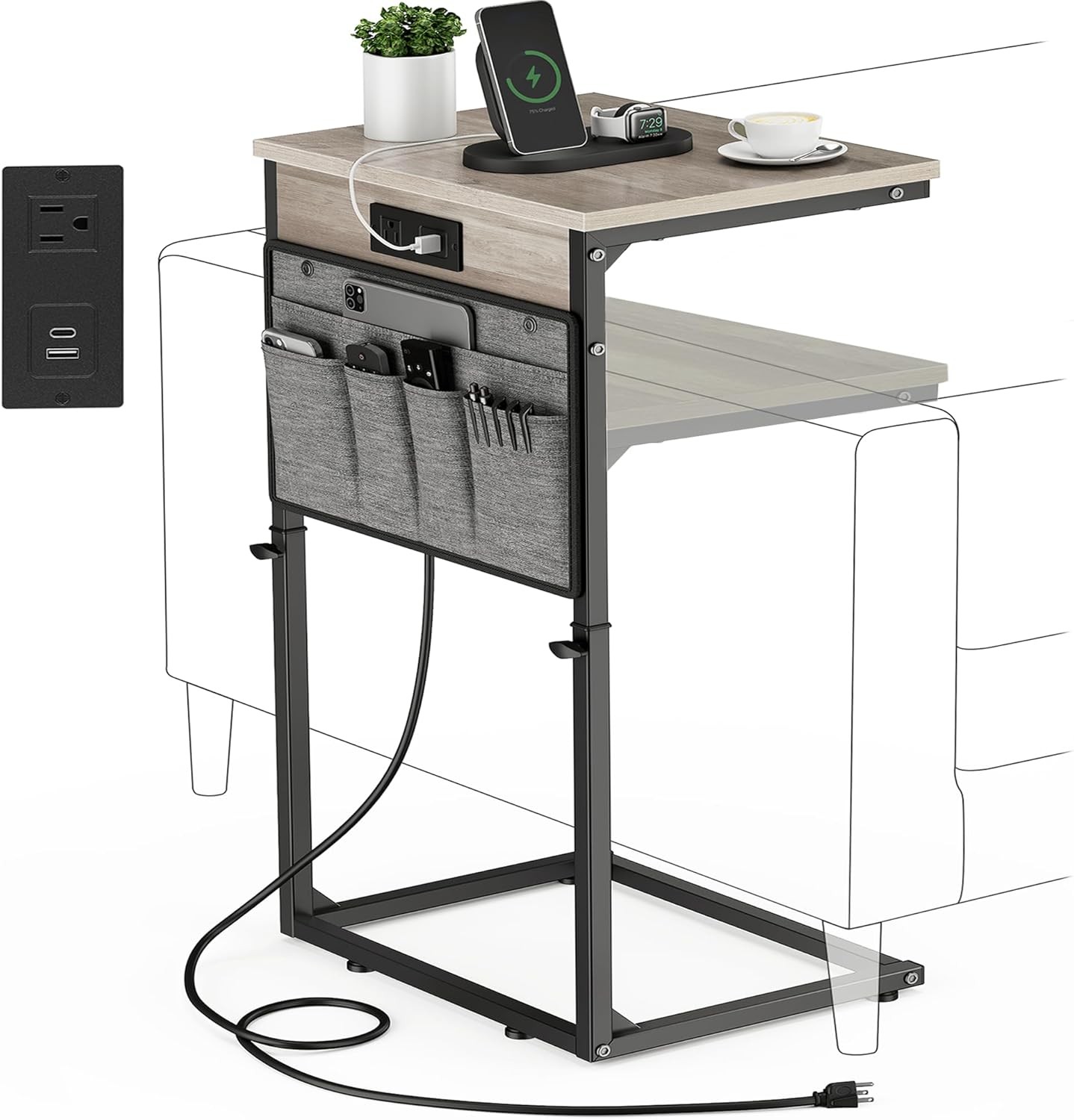 C Shaped End Table W/ Charging Station 33"Tall C Table End Table Adjustable