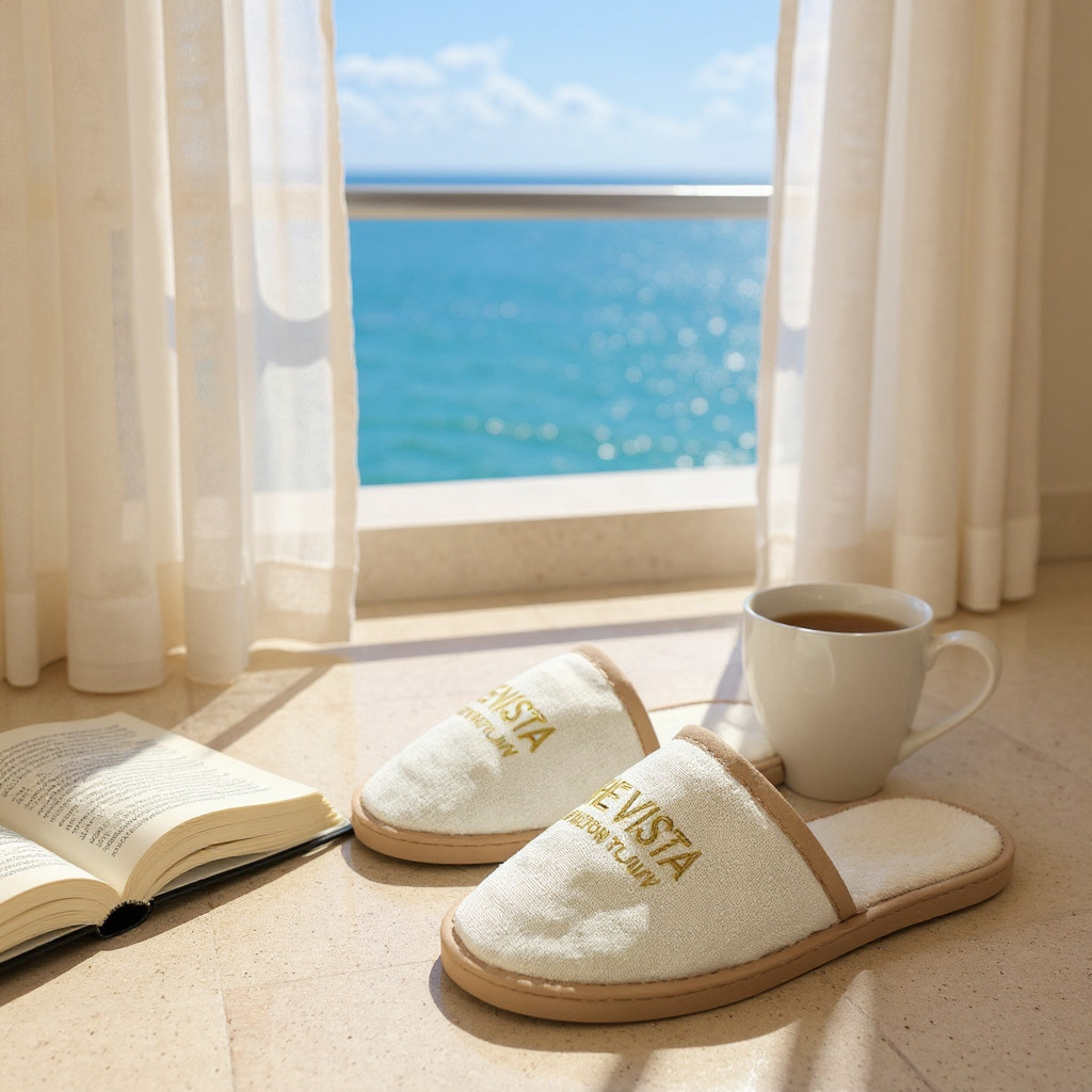 New The Vista Hilton Tel Aviv Gents Slippers OSFM Bagged Ivory Velour Souvenir