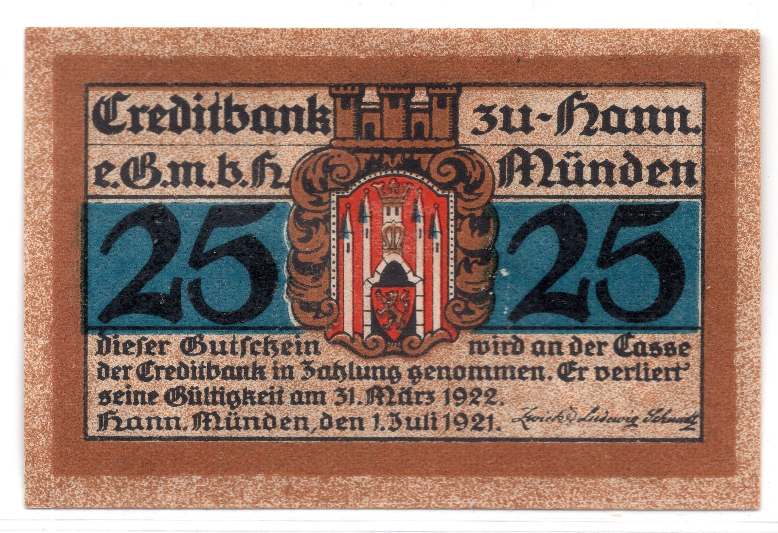 1921 Germany Creditbank Hann-Munden Notgeld 25 Pfennig Note (NG184)