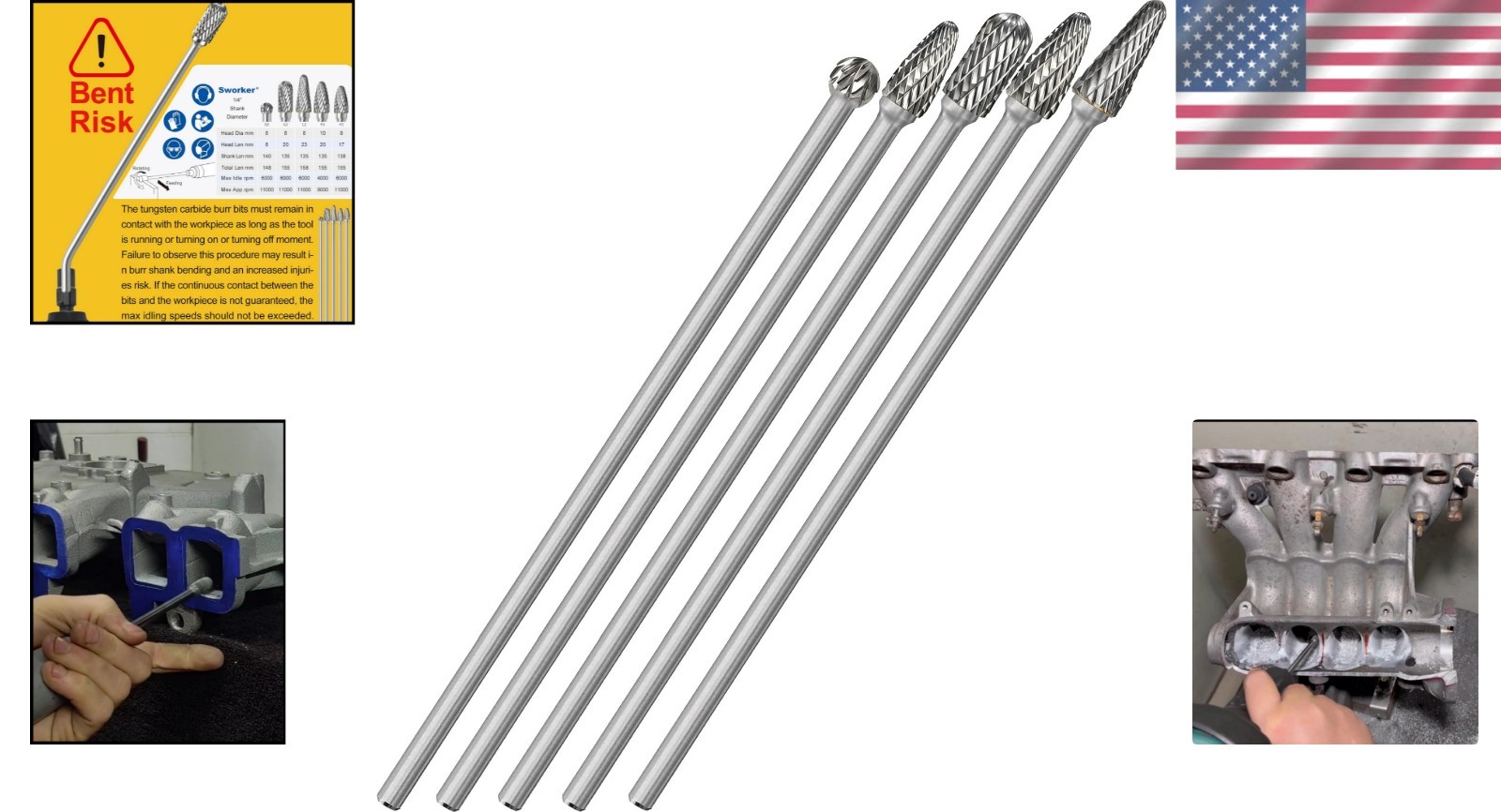 Versatile 5 Pcs Carbide Burrs 6.2" Long - Double Cut Bits for Grinding & Shaping