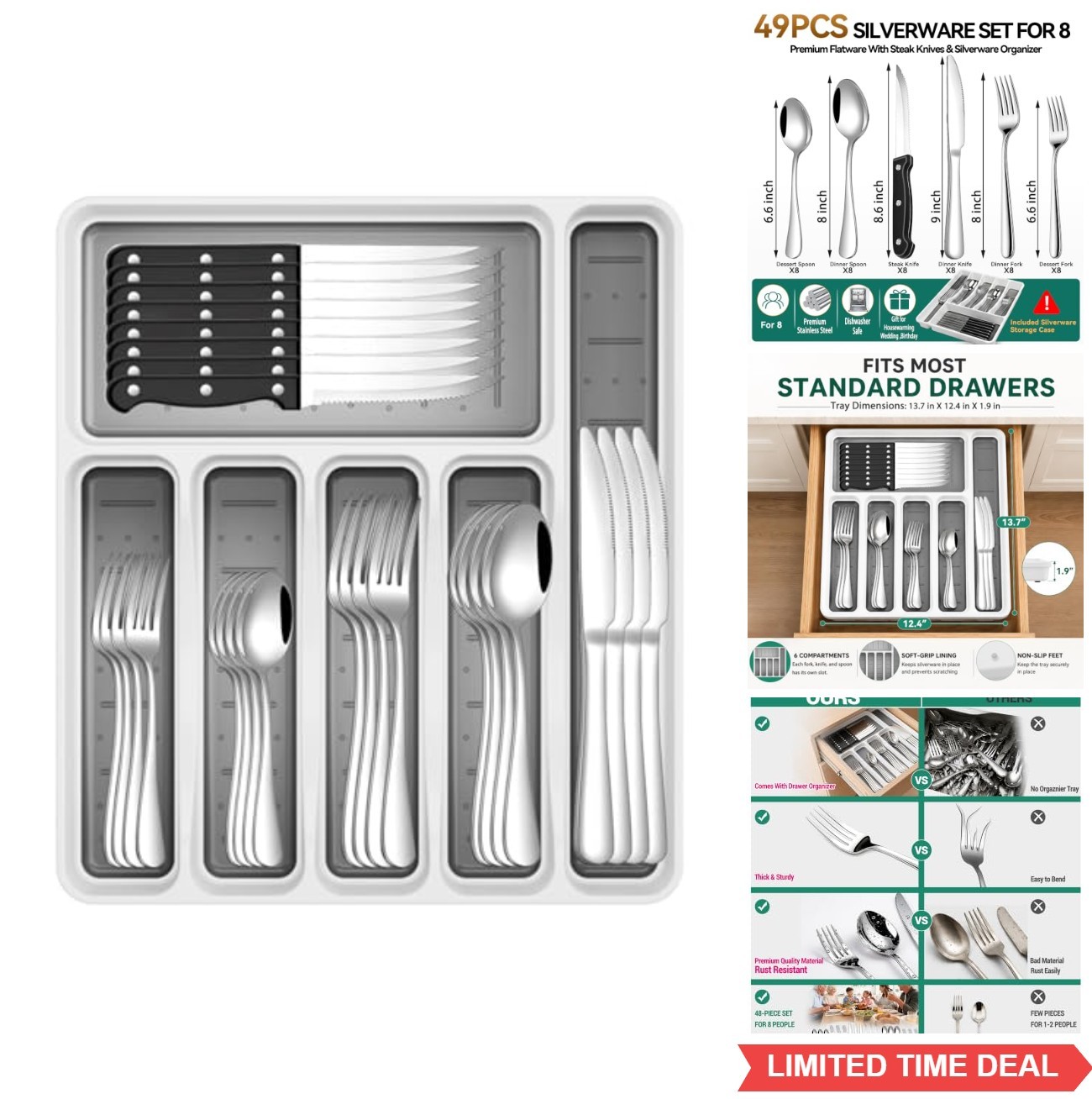 49 Piece Silverware Set Stainless Steel For 8 With Organizer Forks Spoons Steak