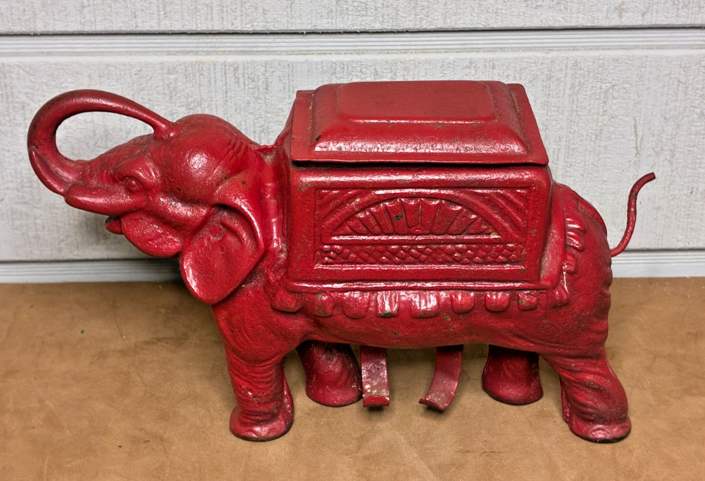 Antique Cast Iron Tabletop Red Elephant Cigarette Dispenser ~ 8.5" Long ~ WORKS
