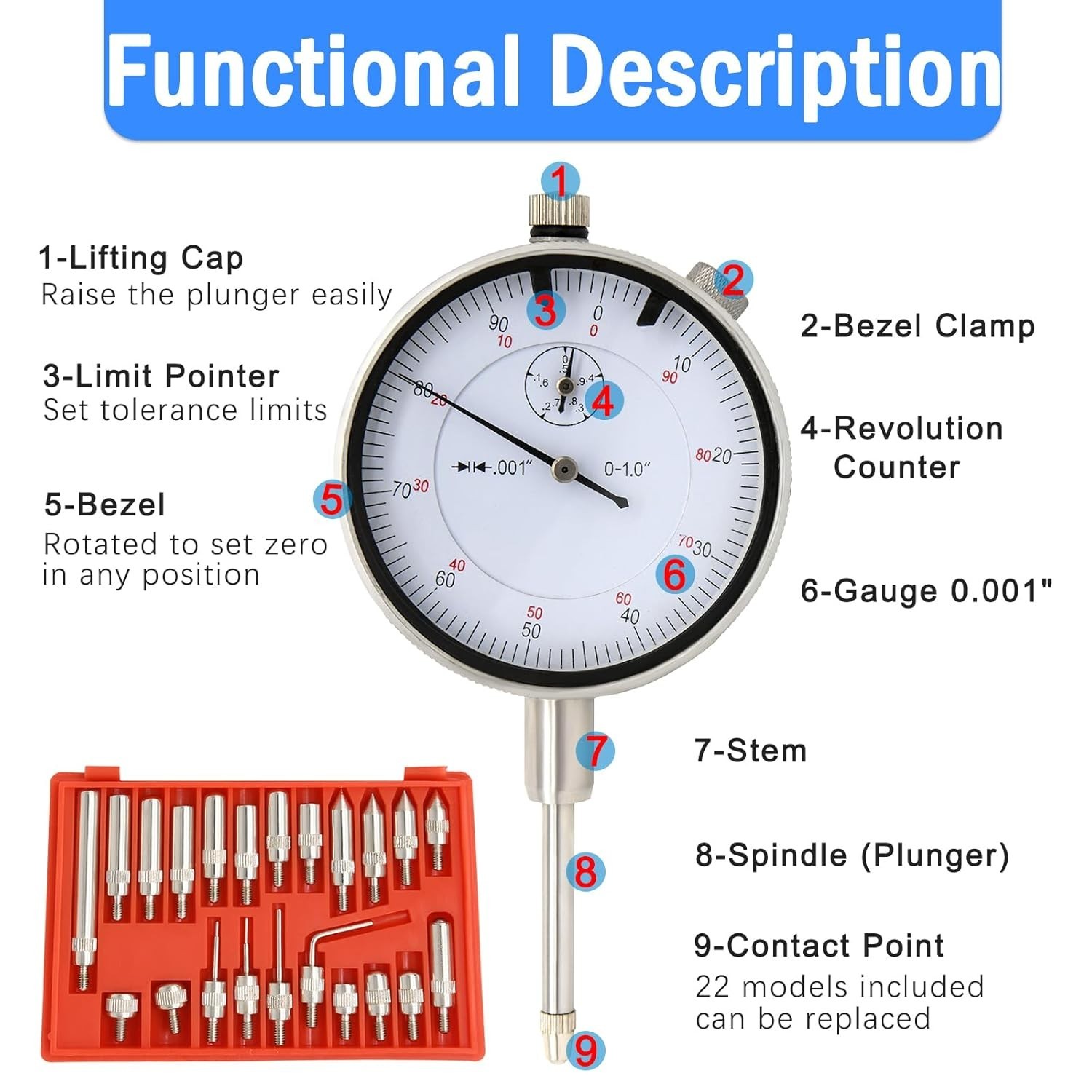 Professional Dial Indicator Set with Magnetic Base 0-1" .001" Range