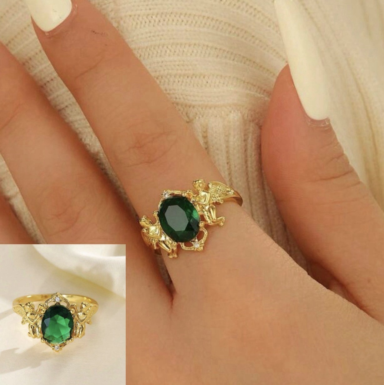 Gold Tone Angels Cherub Green Stone Ring Victorian Vtg Style Size 7 Jewelry NEW