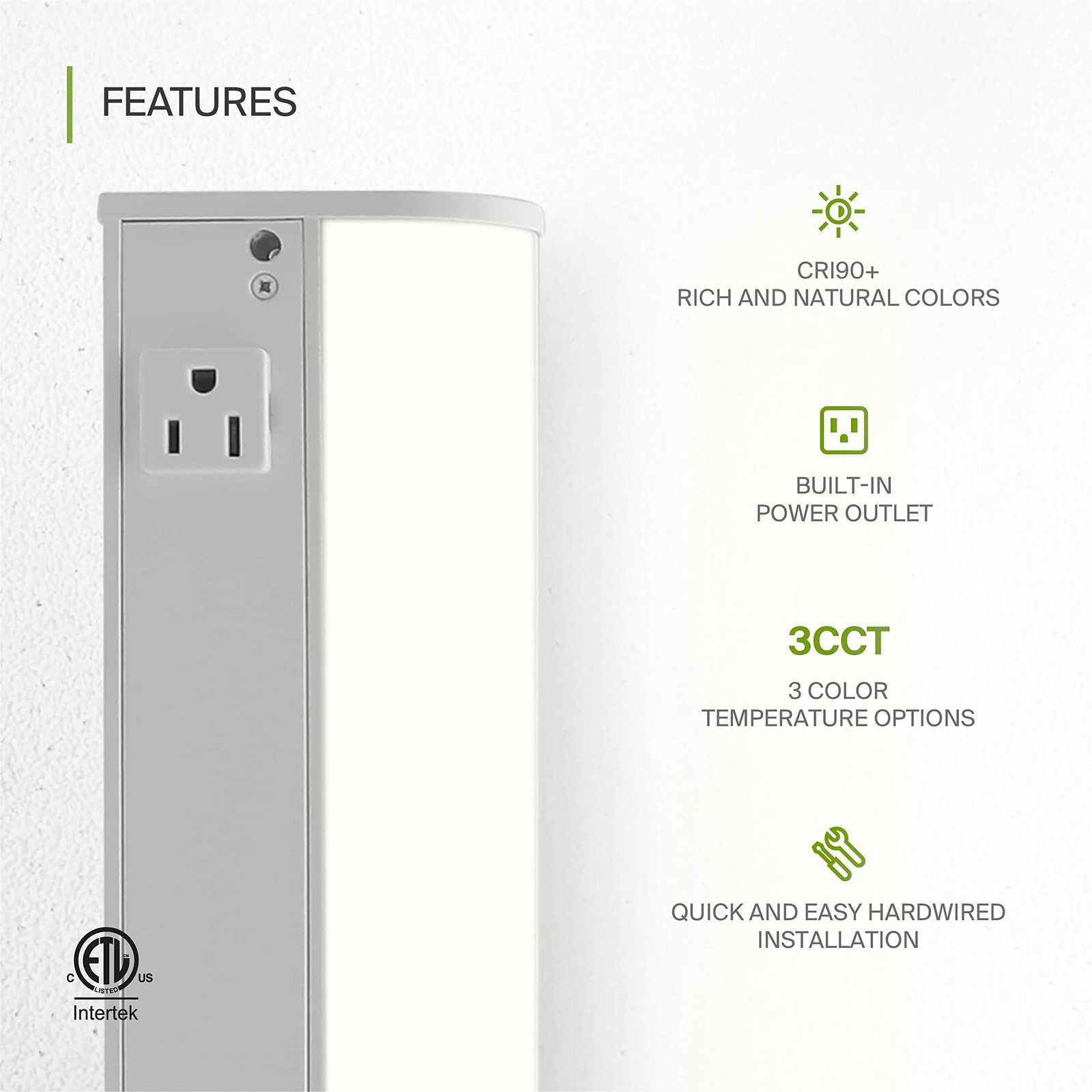 LED Under Cabinet Light 18in 8W 715LM 3000K/4000K/5000K with Power Outlet
