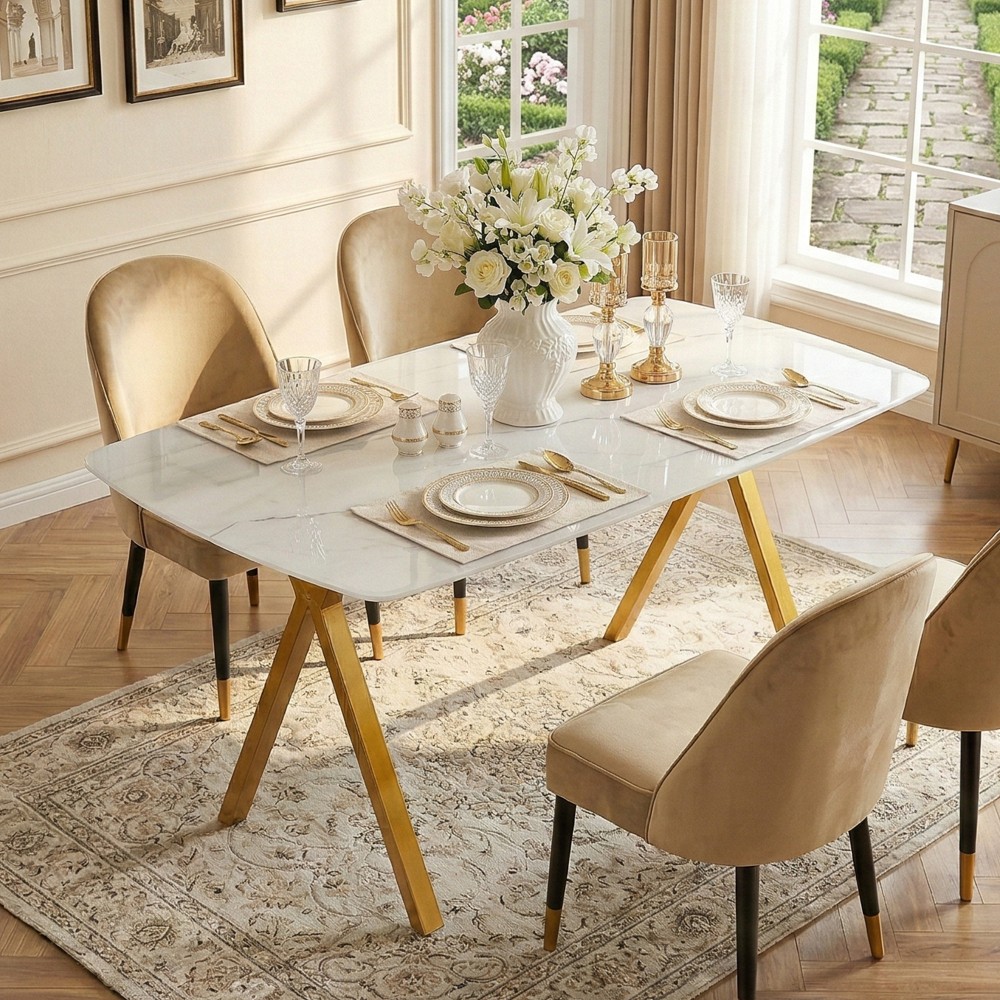 Rectangular Dining Table Modern Tempered Glass Kitchen Table w/metal legs