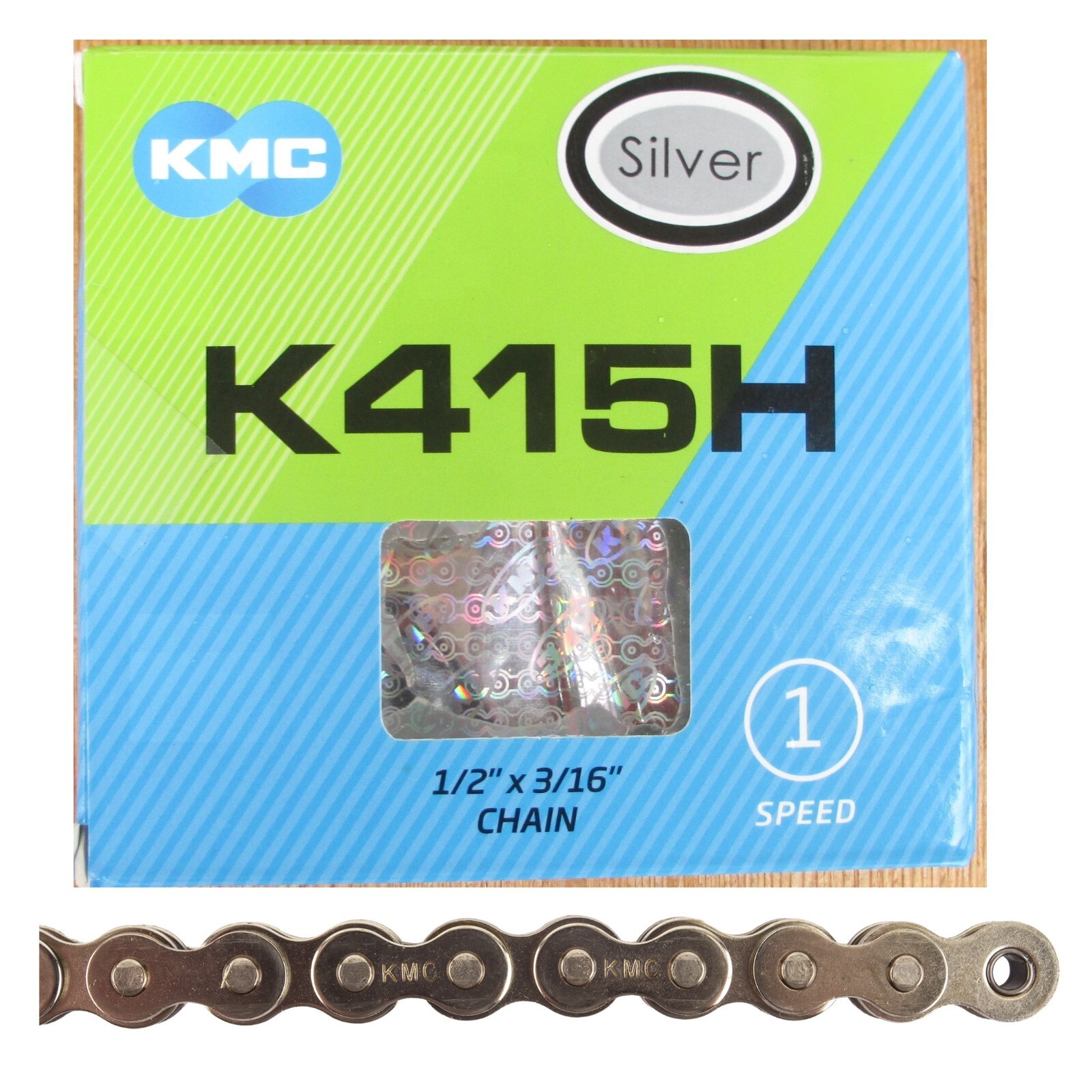 CHAIN KMC 1/2x3/16 415 Heavy Duty Nickel Plated 1speed Silver 98Links