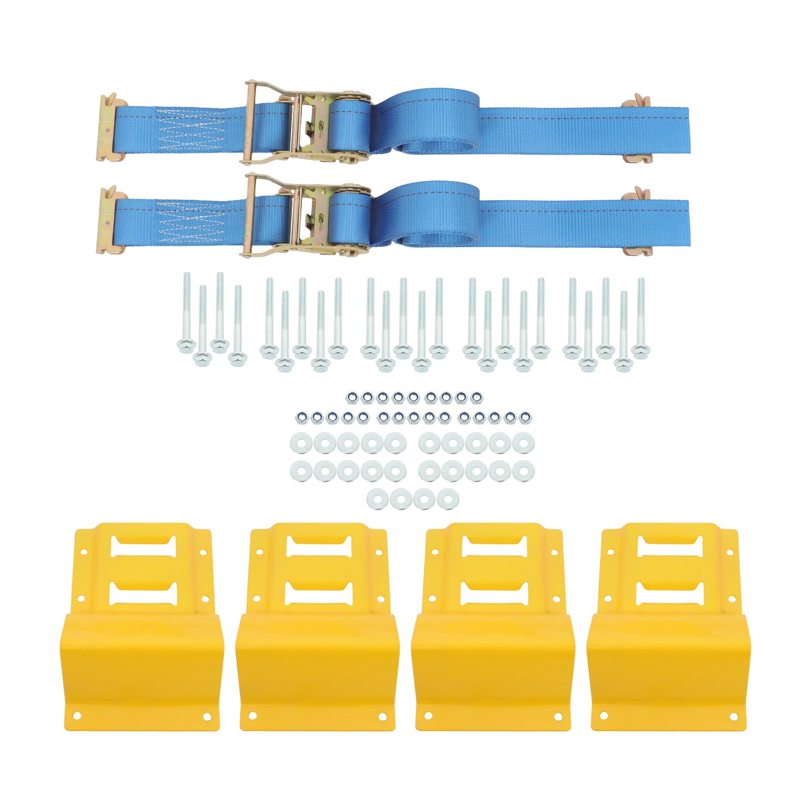 LABLT Secure Cargo E Track Wheel Chock System 7.5' Blue Ratchet Tie Down Straps