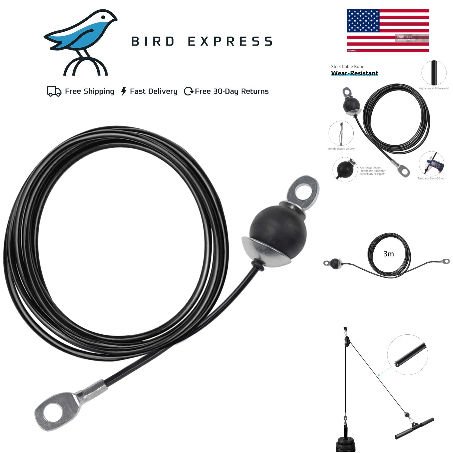 Replacement Gym Cable with Stopper Ball 118in Steel Wire Rope for Cable Machine