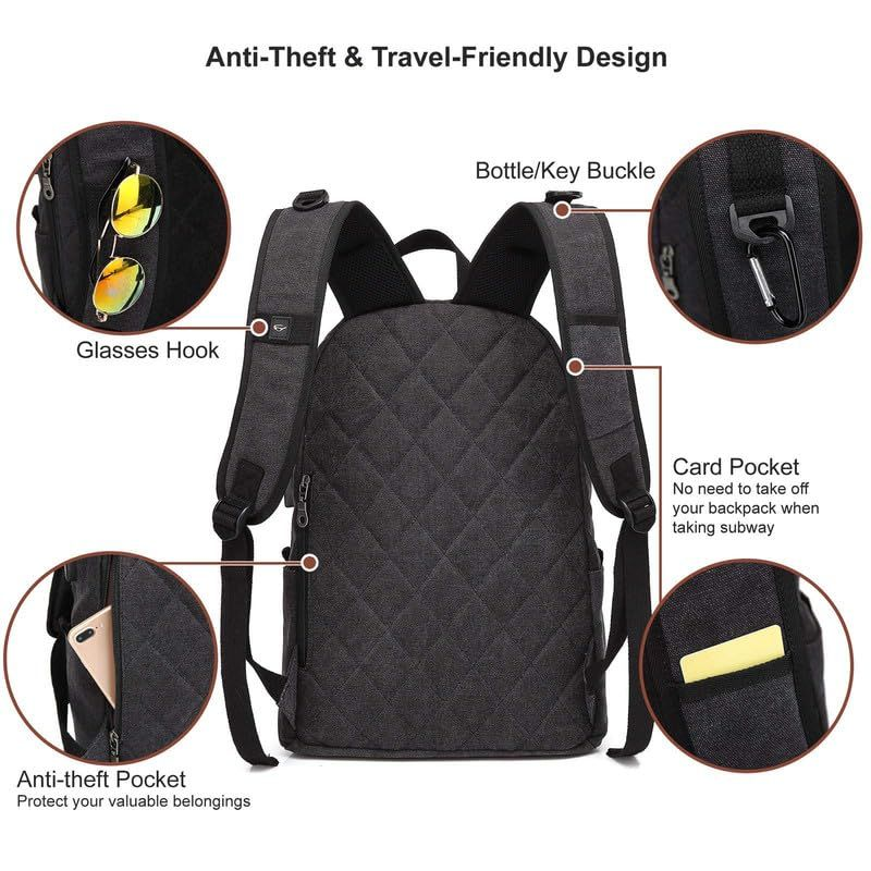 UNIWALK Canvas Laptop Backpack, Waterproof Vintage Backpack With USB Black