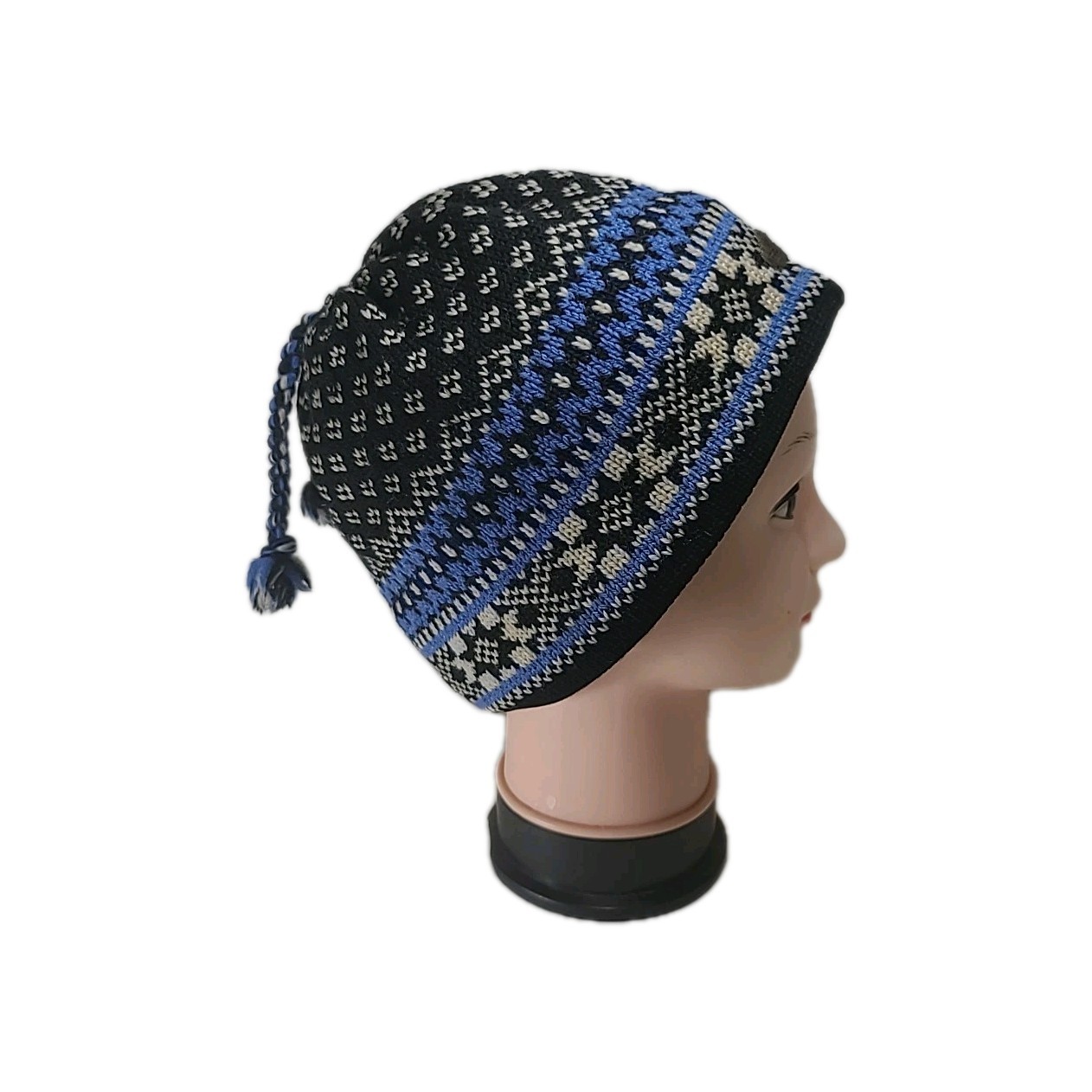 By/Par Filmar Wool Knit Unisex Ski Hat Tassel Beanie CANADA Blue Black & Cream