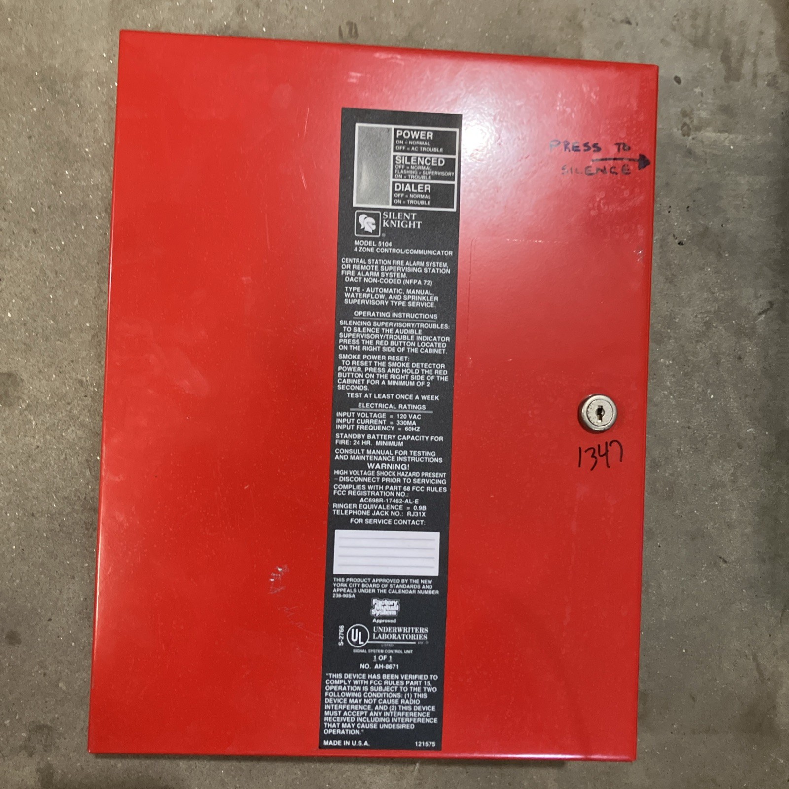 Silent Knight Model 5104 4 Zone Fire Alarm Control panel