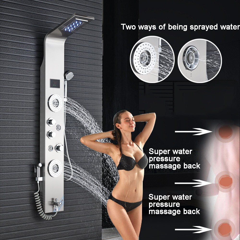 Stainless Steel LED Rain Waterfall Shower Panel Tower Column System Massage Jets