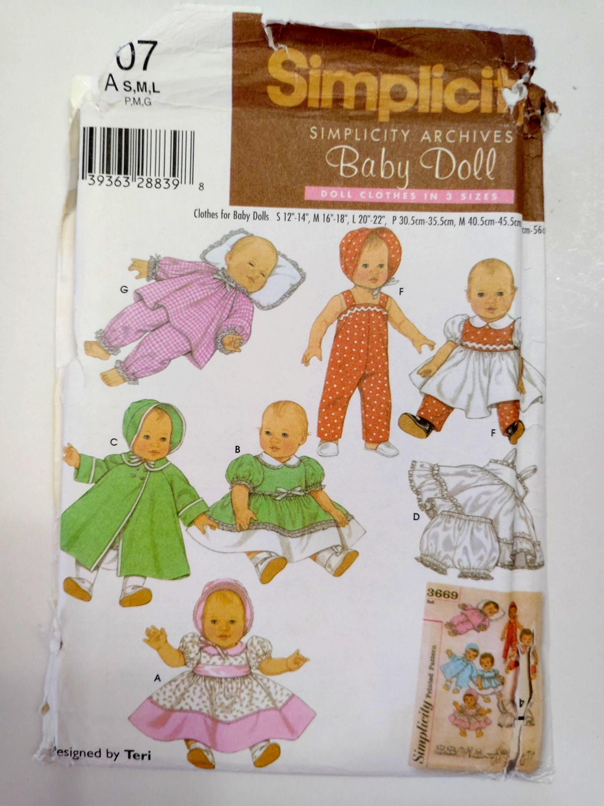 Simplicity 4707 S M L 12" - 22" baby Doll Wardrobe Clothing Sewing Pattern UC
