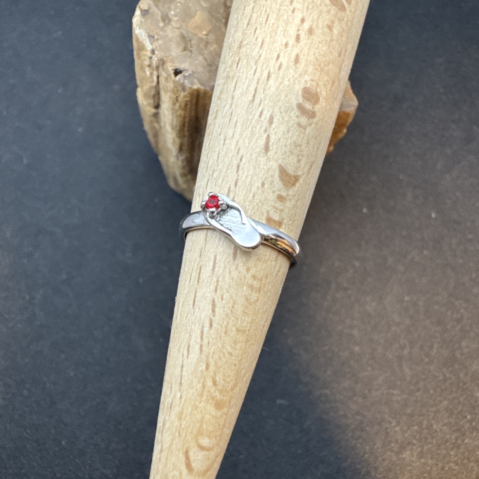 Rhodium Plated .925 Sterling Silver Toe Ring Flip Flop With Red CZ