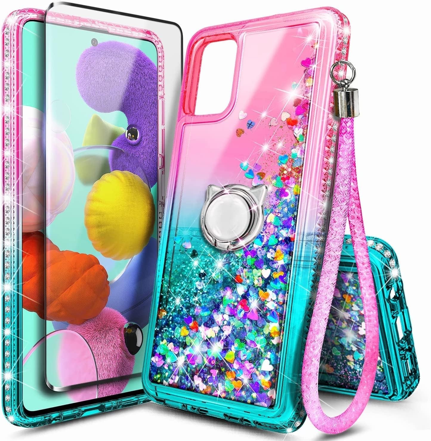 For Samsung Galaxy A71 5G Glitter Ring Stand Case + Screen Protector + Lanyard