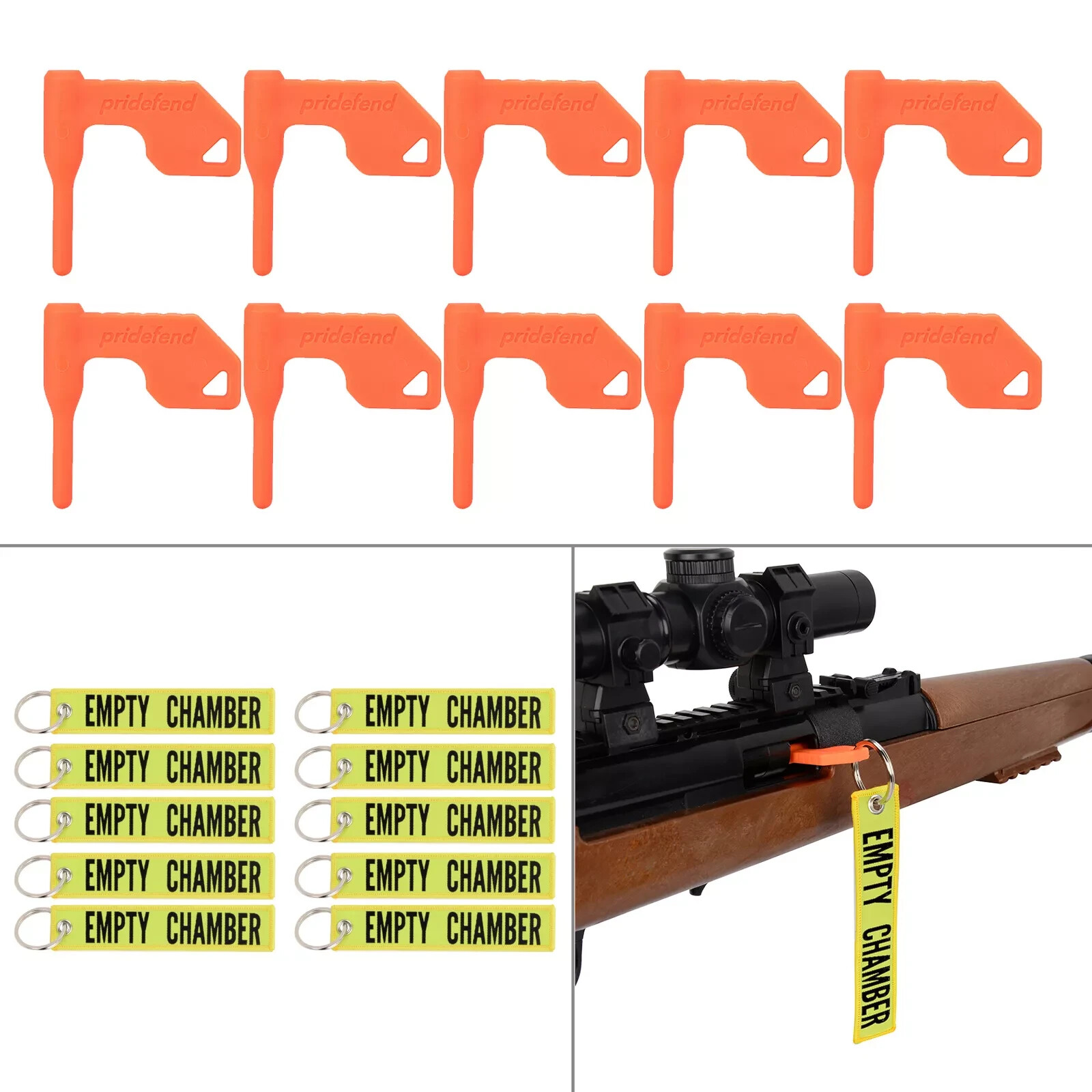 10Pack Chamber Safety Flag for Rifle Handgun Shotgun with Bright Yellow Key Tag