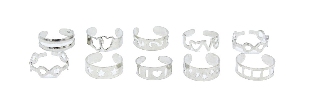 New Set of 10 Ornate Silver Tone Toe Rings in Assorted Patterns #R1174