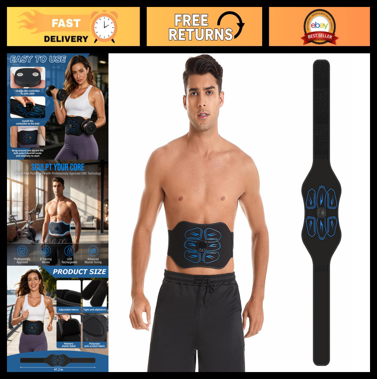 FDA Cleared Muscle Toner Ab Stimulator | Portable Electronic Pulse Massager Belt