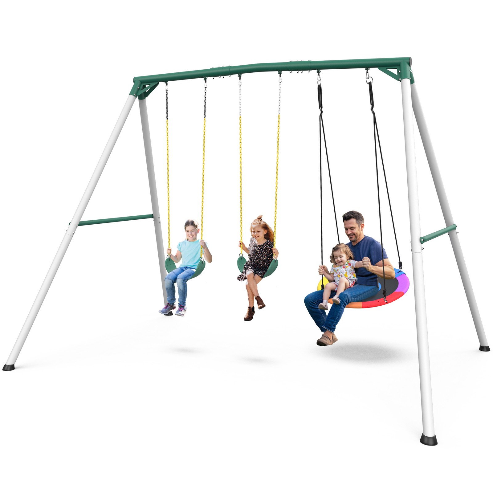 700lb 9.5ft Heavy Duty Metal Swing Set for Backyard w/Saucer Swing 2 Belt Swings