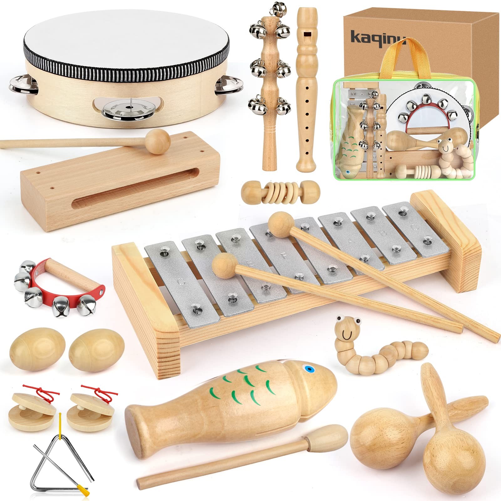 Kids Musical Instruments,100% Natural Wooden Music Percussion Toy Sets, 23 Pcs T