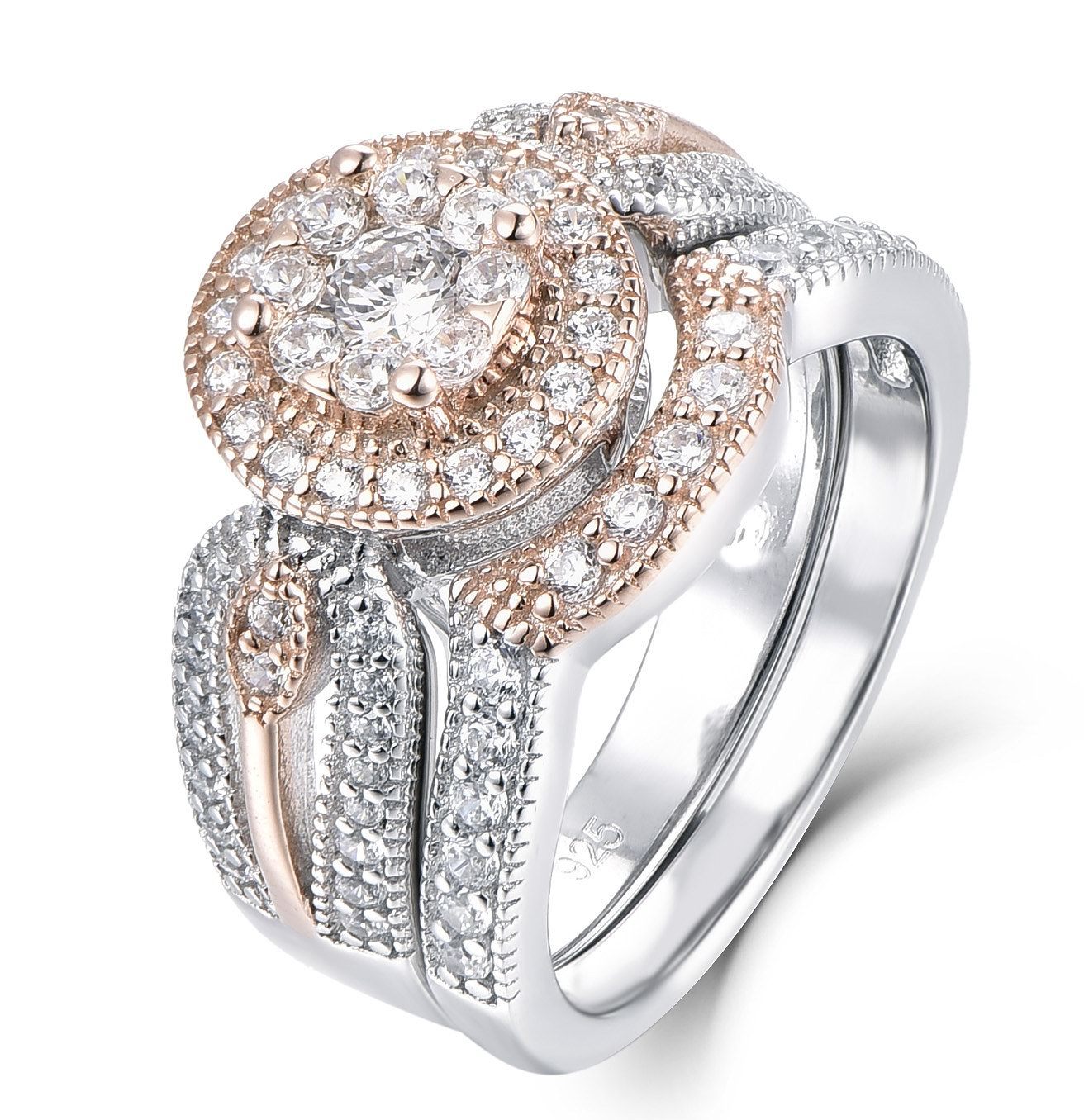 Sterling Silver CZ Rose Gold Plate Wedding Band Engagement Rings Set Sz 3-15 S56