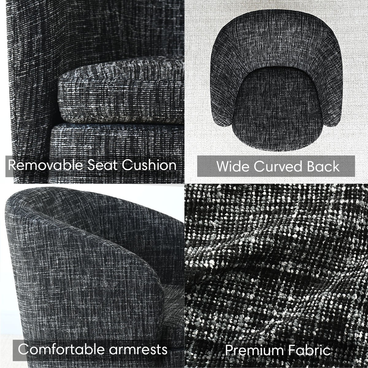 Set of 2 Dark Gray Textured Fabric 360?? Swivel Barrel Accent Chairs Round Base
