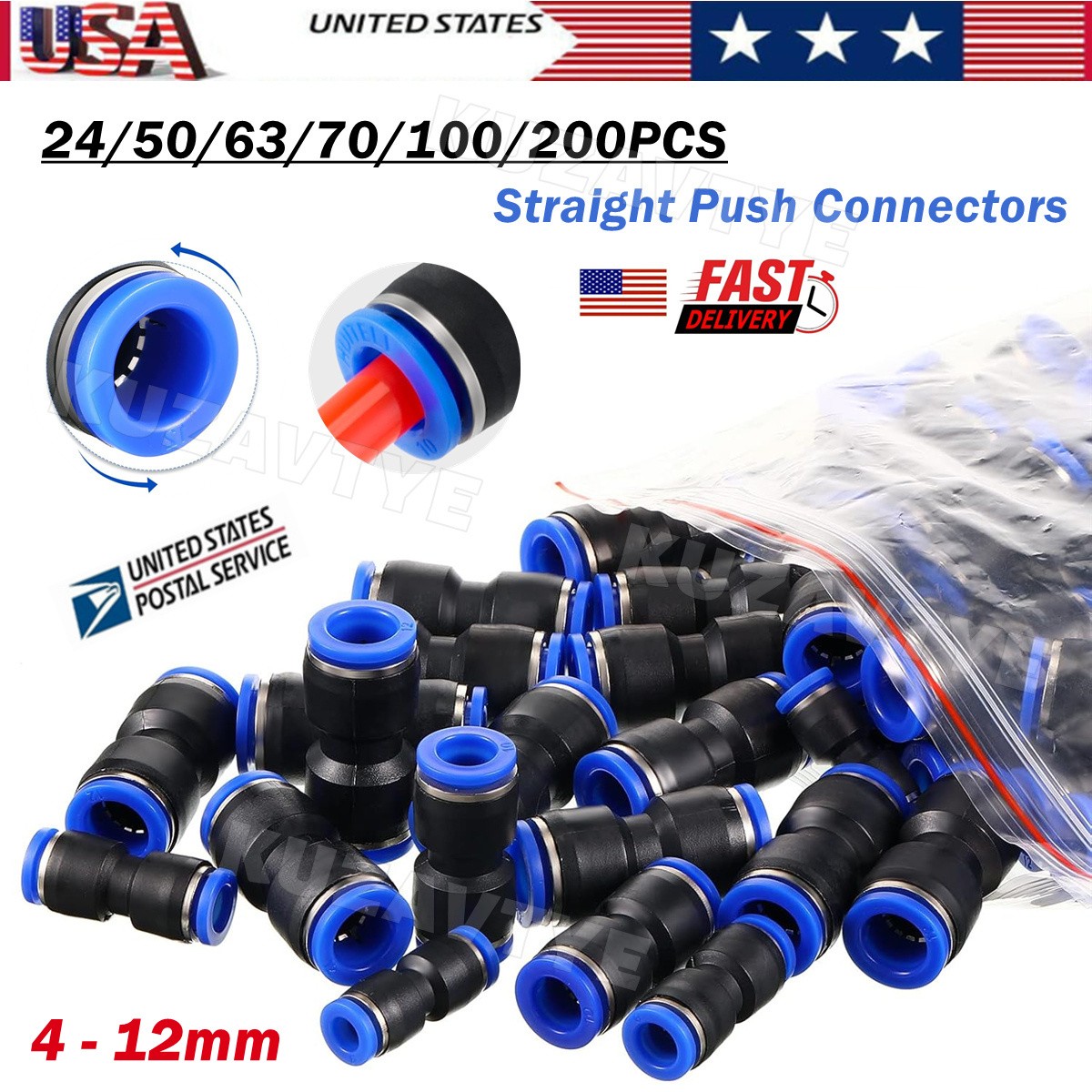 100PCS Pneumatic Straight Push Connector Quick Release Connect Air Line Fittings