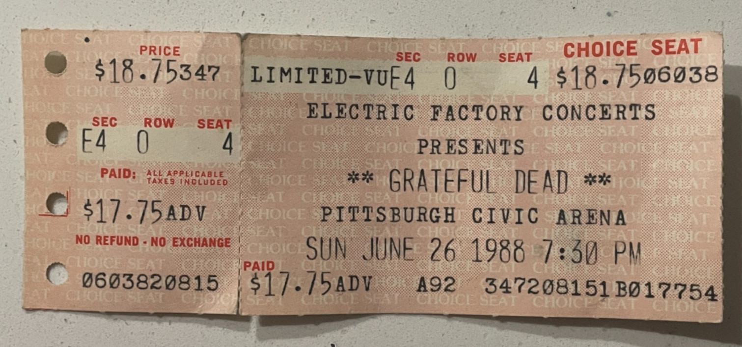 GRATEFUL DEAD 6/26/1988 Used Concert Ticket Pittsburgh Civic Arena Jerry Garcia