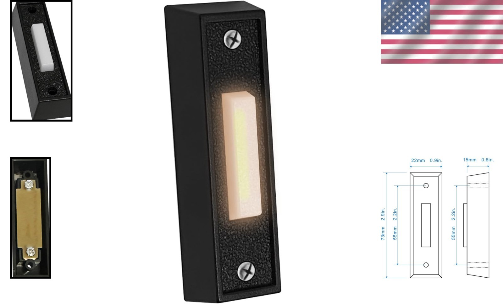 Wall Mounted LED Doorbell Button Push Switch Black for Wired Chime Ring