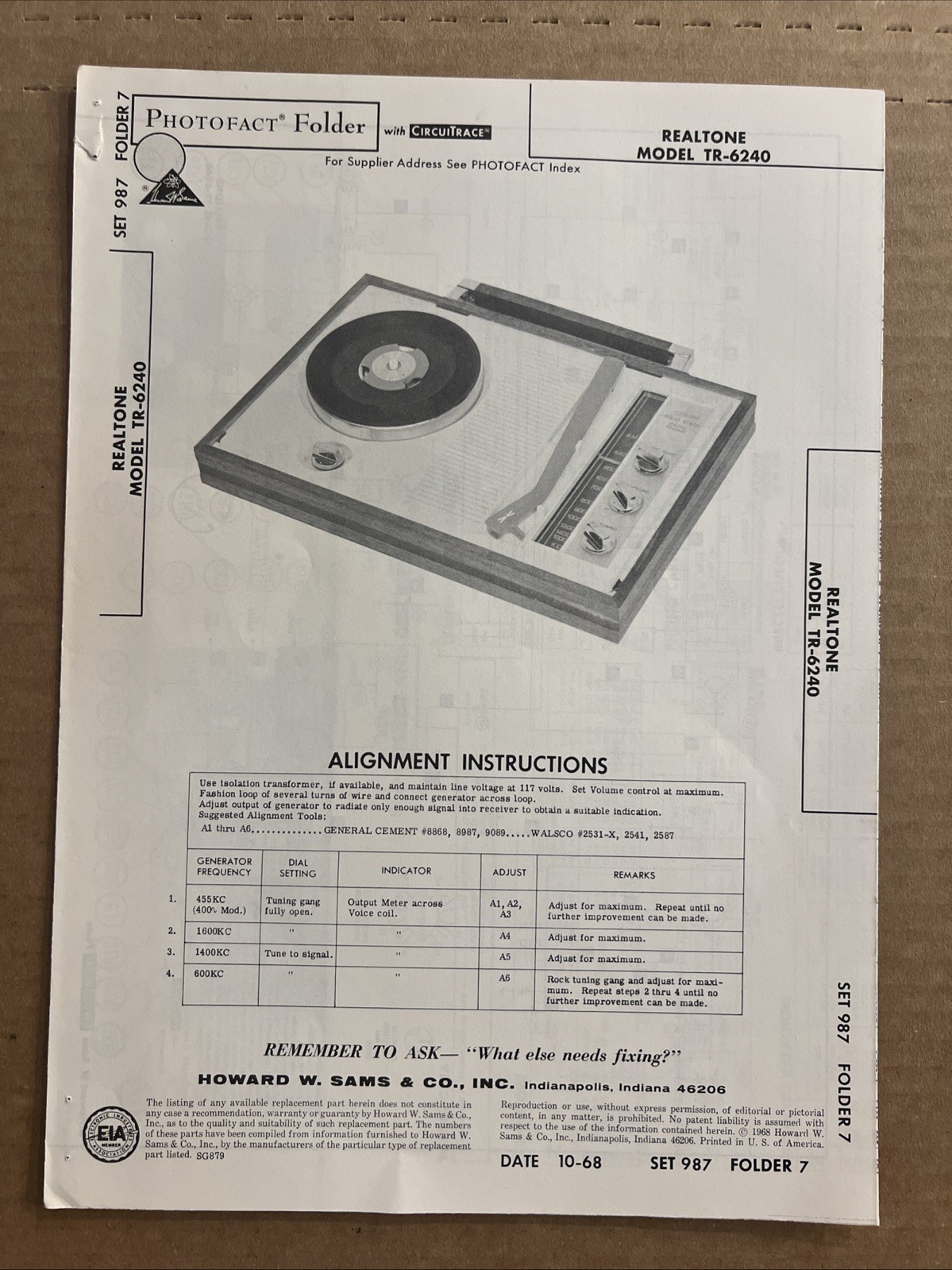 Vintage Sams Photofact Schematic 10-1968 REALTONE MODEL TR-6240