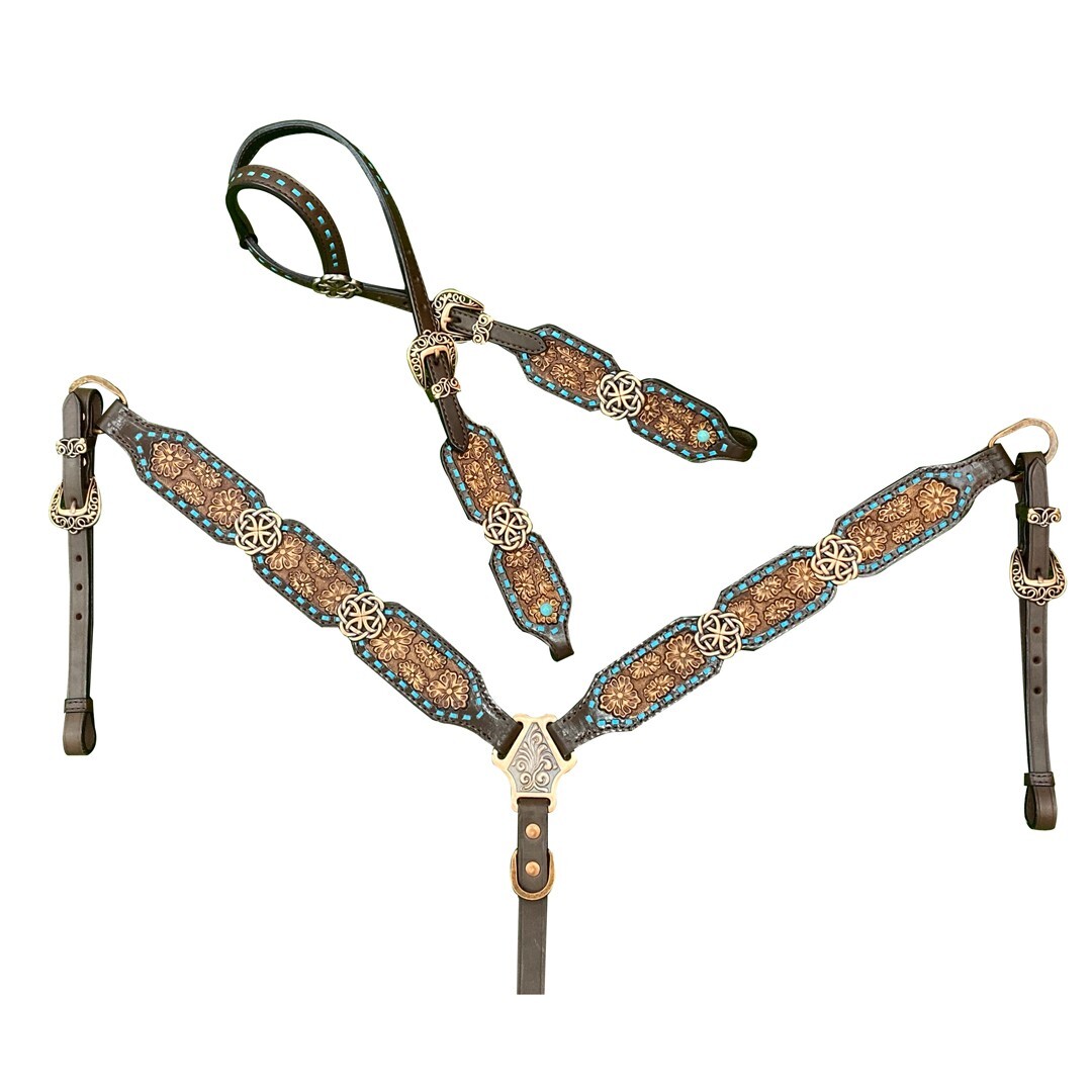 Western Leather Horse Bridle Headstall and Breast Collar Set Decorated MOUSM
