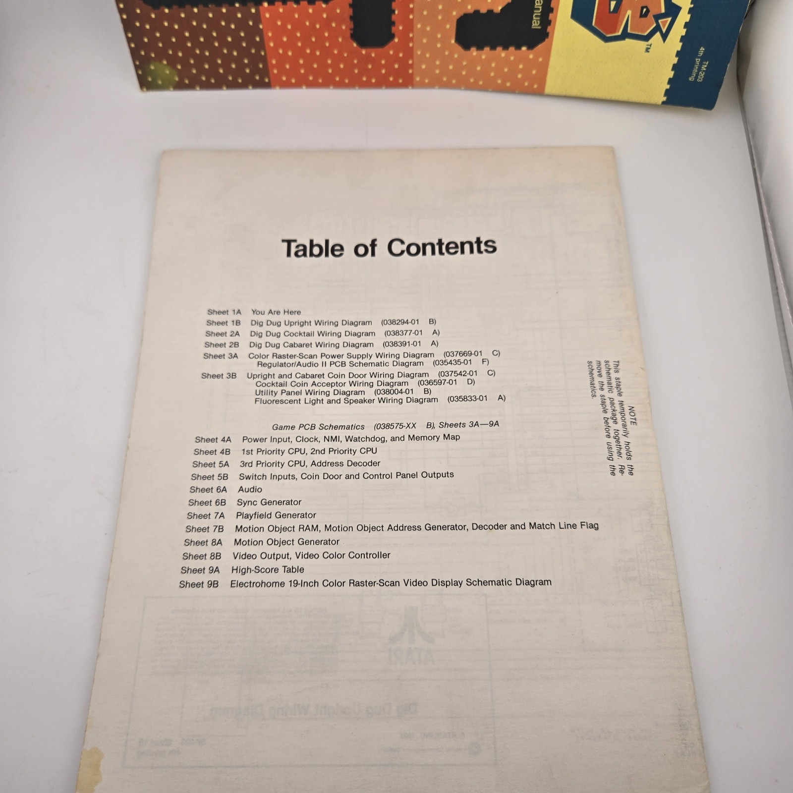 Vtg 1982 Atari Dig Dug Arcade Manual TM-203 + Schematic Supplement SP-203