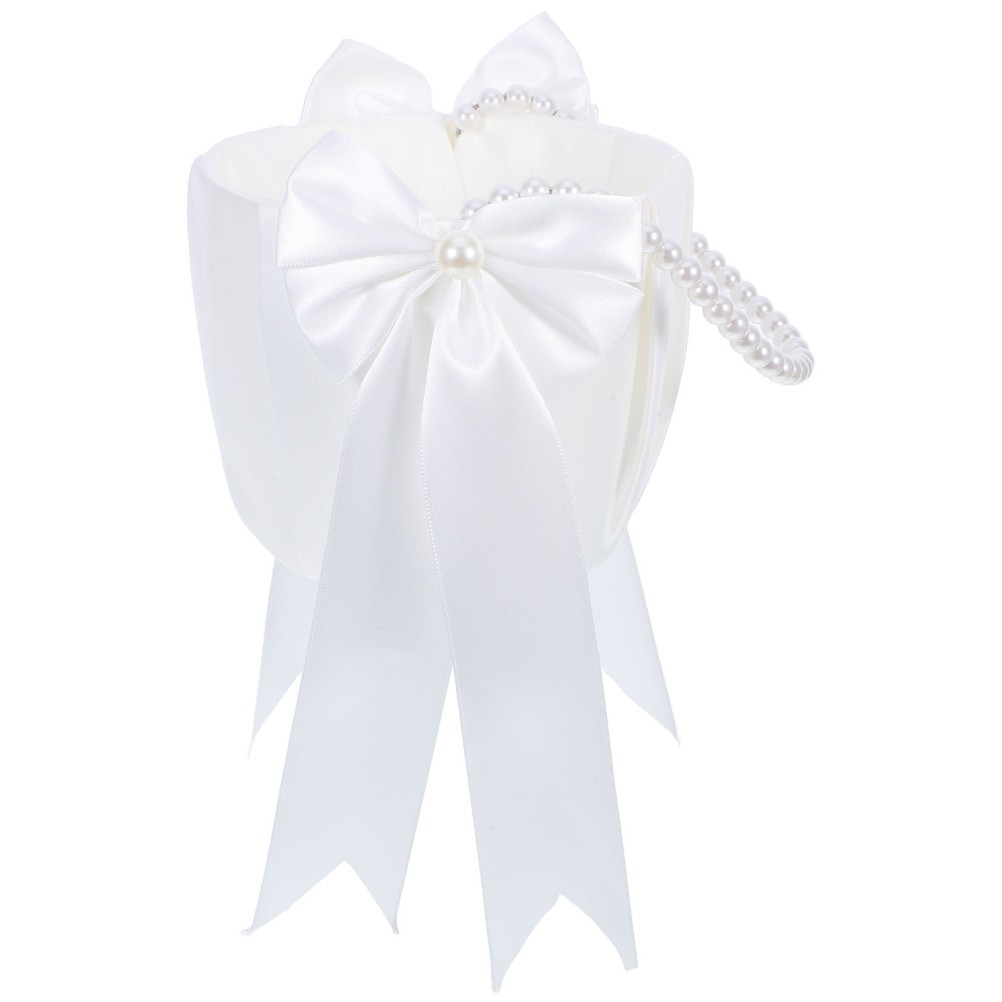 Elegant Handheld Wedding Basket with Faux Pearls and Bow for Ceremony