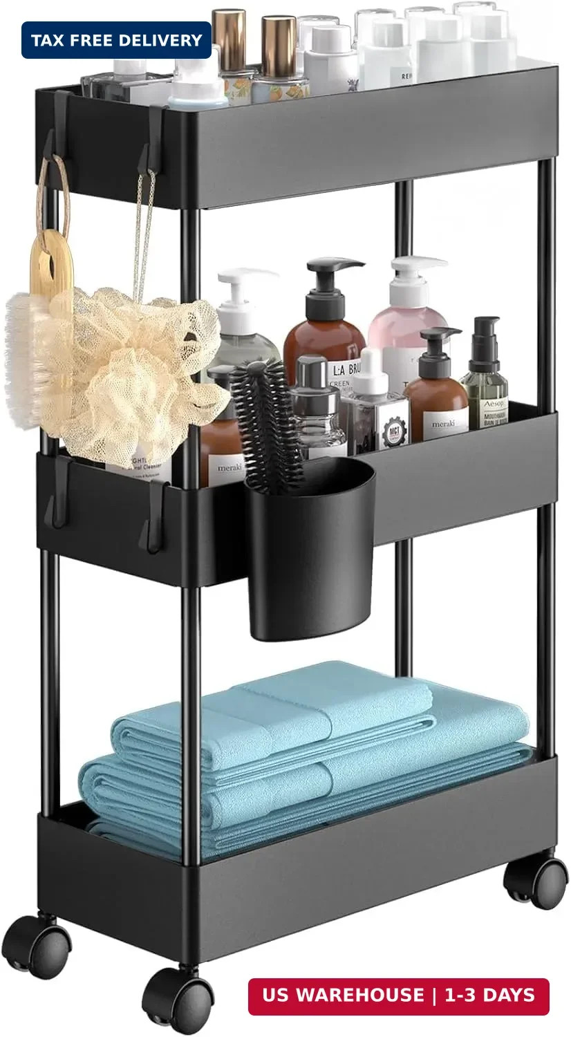 Slim Storage Cart with Wheels - 3 Tier Bathroom Organizers and Storage