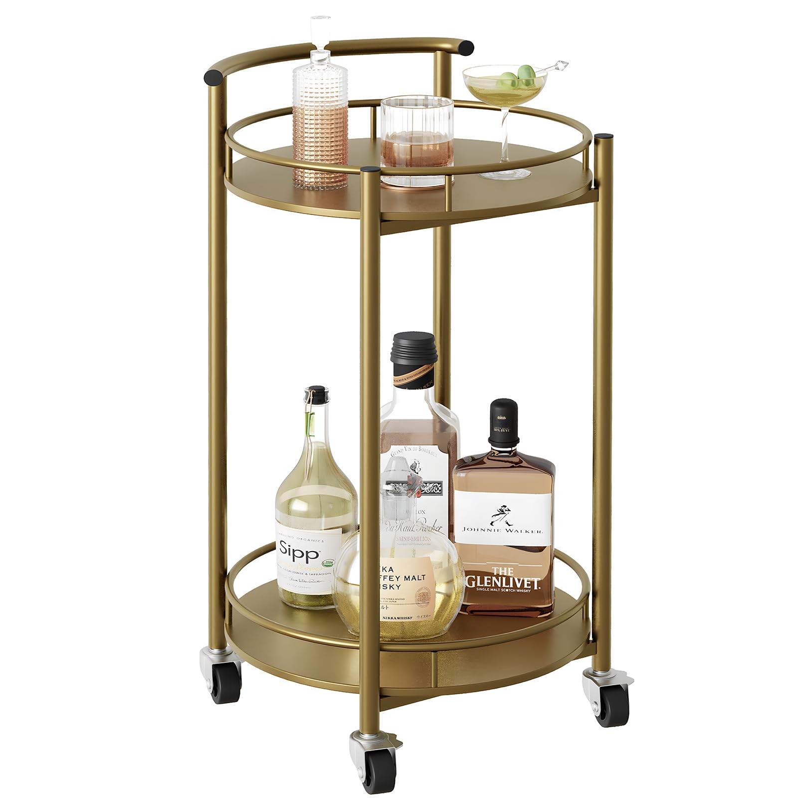 Bar Cart Gold Rolling Cart for Home,2 Tiers Bar Serving Cart Round Wine Cart