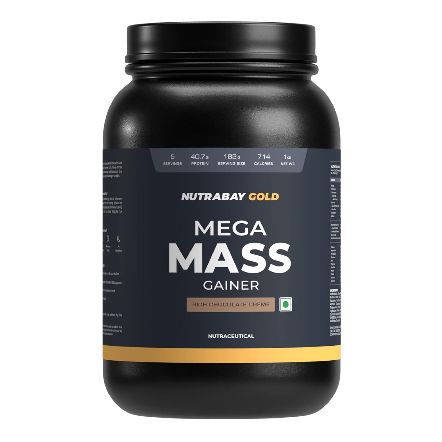 Nutrabay Gold Mega Mass Weight Gainer - 1Kg, Flavor - Rich Chocolate Creme