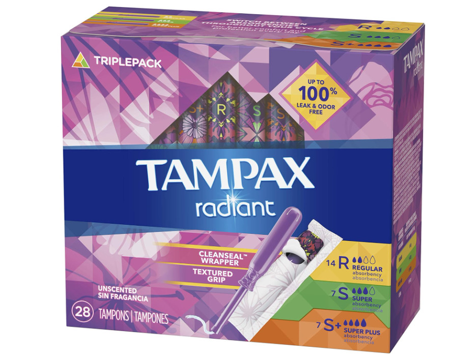 Tampax Radiant Tampons Trio Pack 28 Regular/Super/Super Plus Absorbency  4 Pack