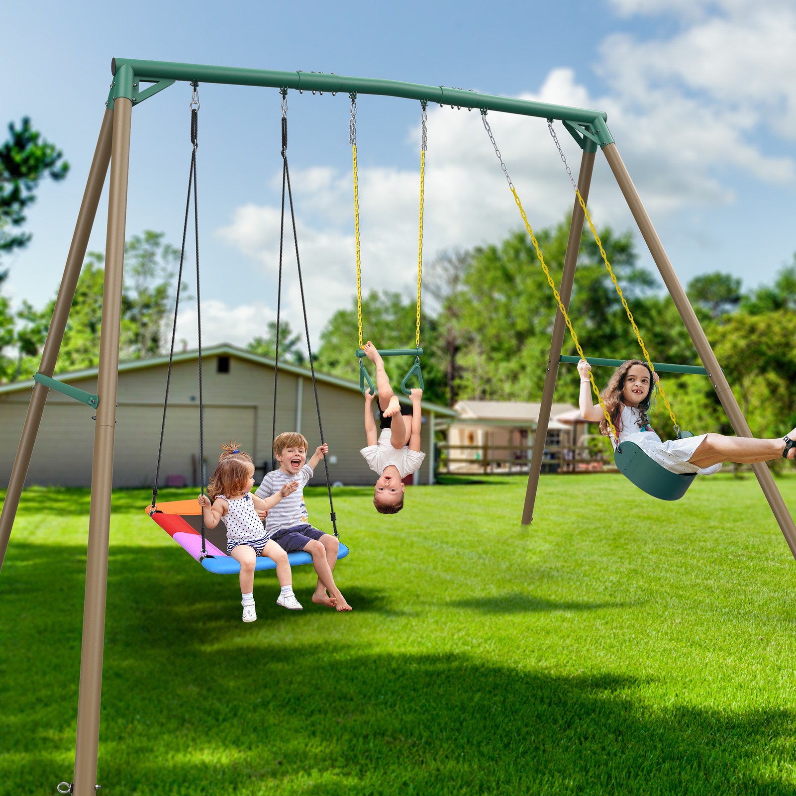 9.5ft Large Metal Swing Set Heavy Duty Kids Adult Outdoor Swing Set with 3 Swing