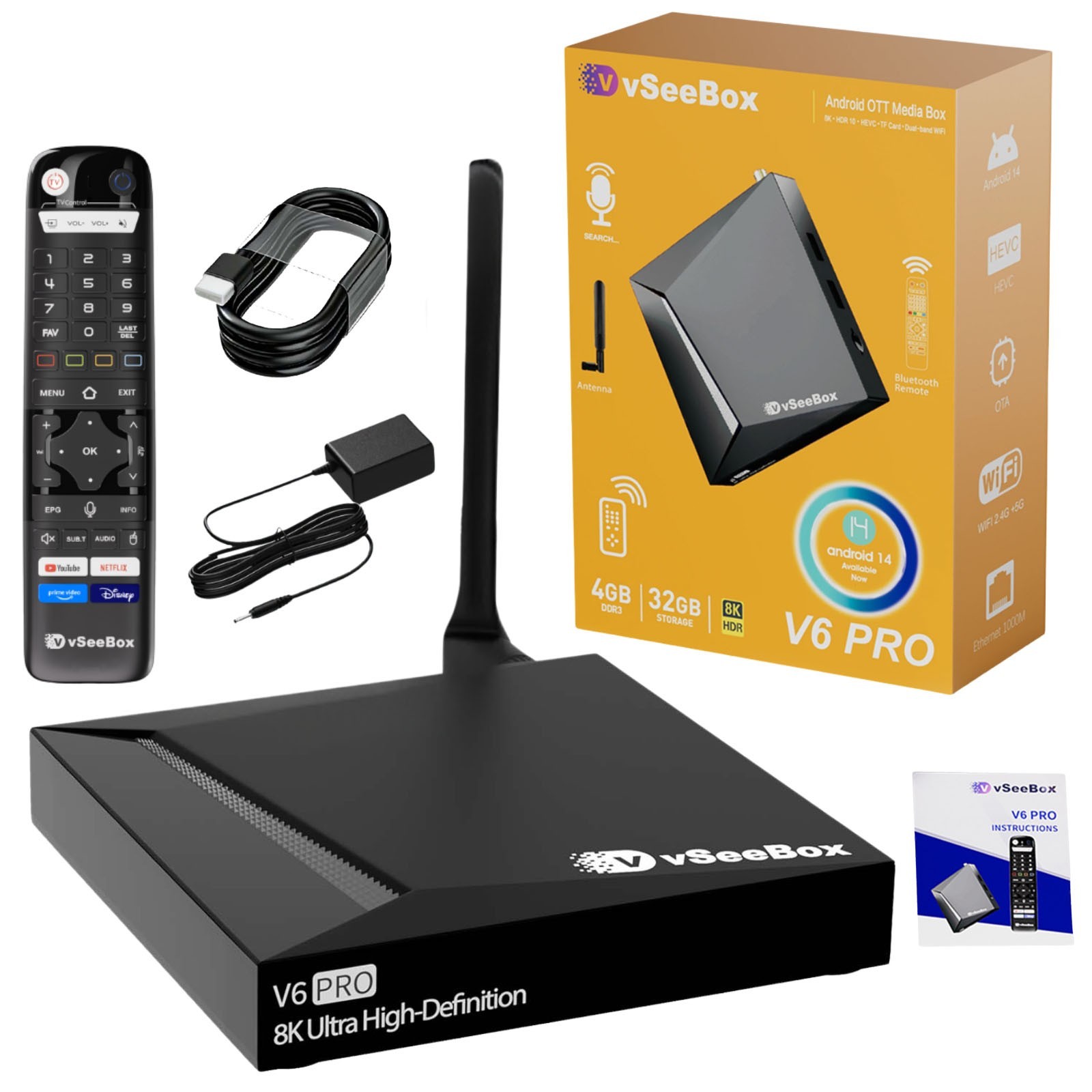 vSeeBox V6 Pro Android 14 Device with 4GB+32GB, Dual-Band WiFi, Bluetooth Remote