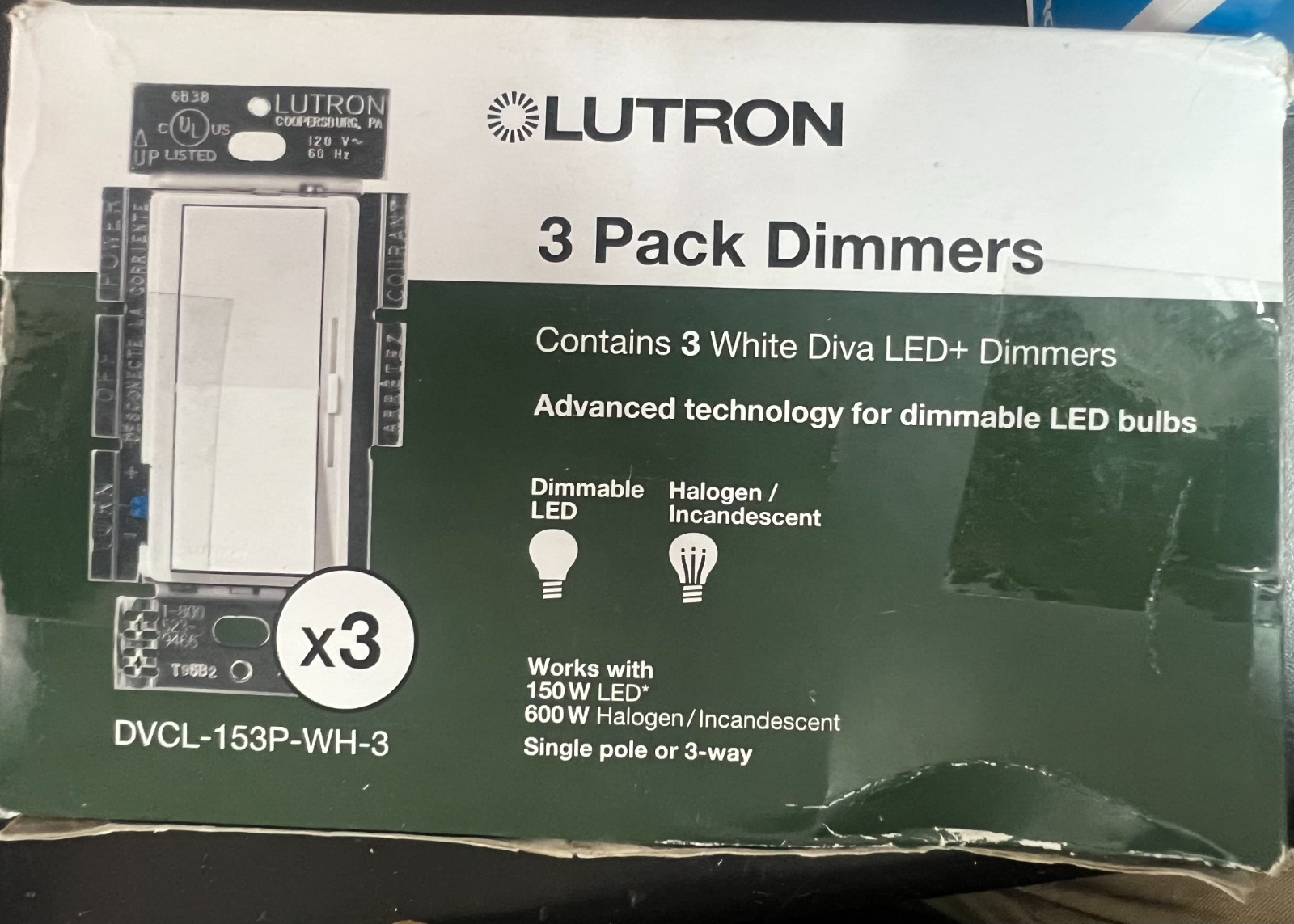 Lutron DVCL-153P-WH-3 Diva LED+ Dimmer Switches 3-Pk White 1151/OB