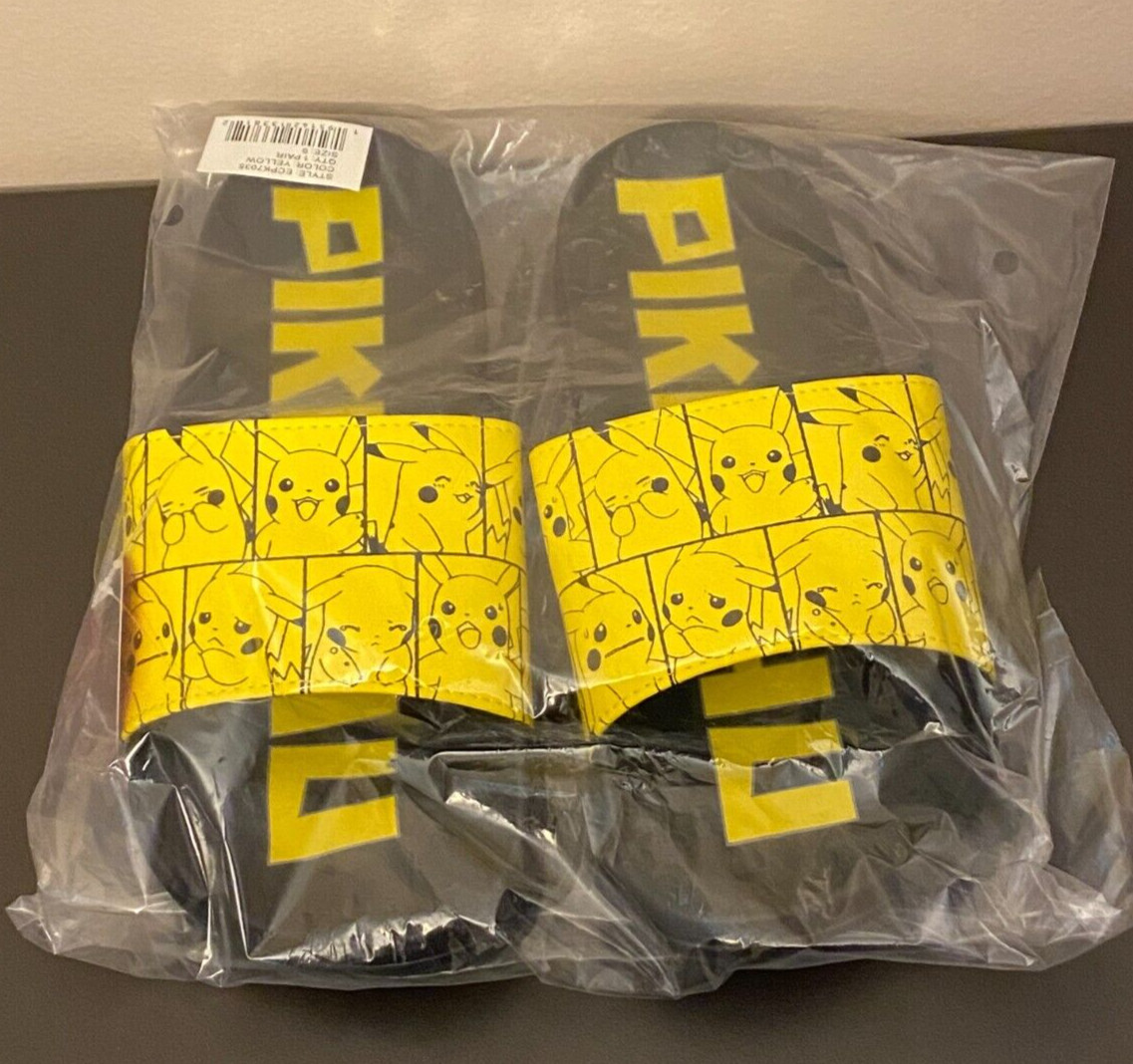 NWT Pokeman Pikachu Soccer Slides Sandals Mens 9 Yellow/Black Cute! Pool Beach